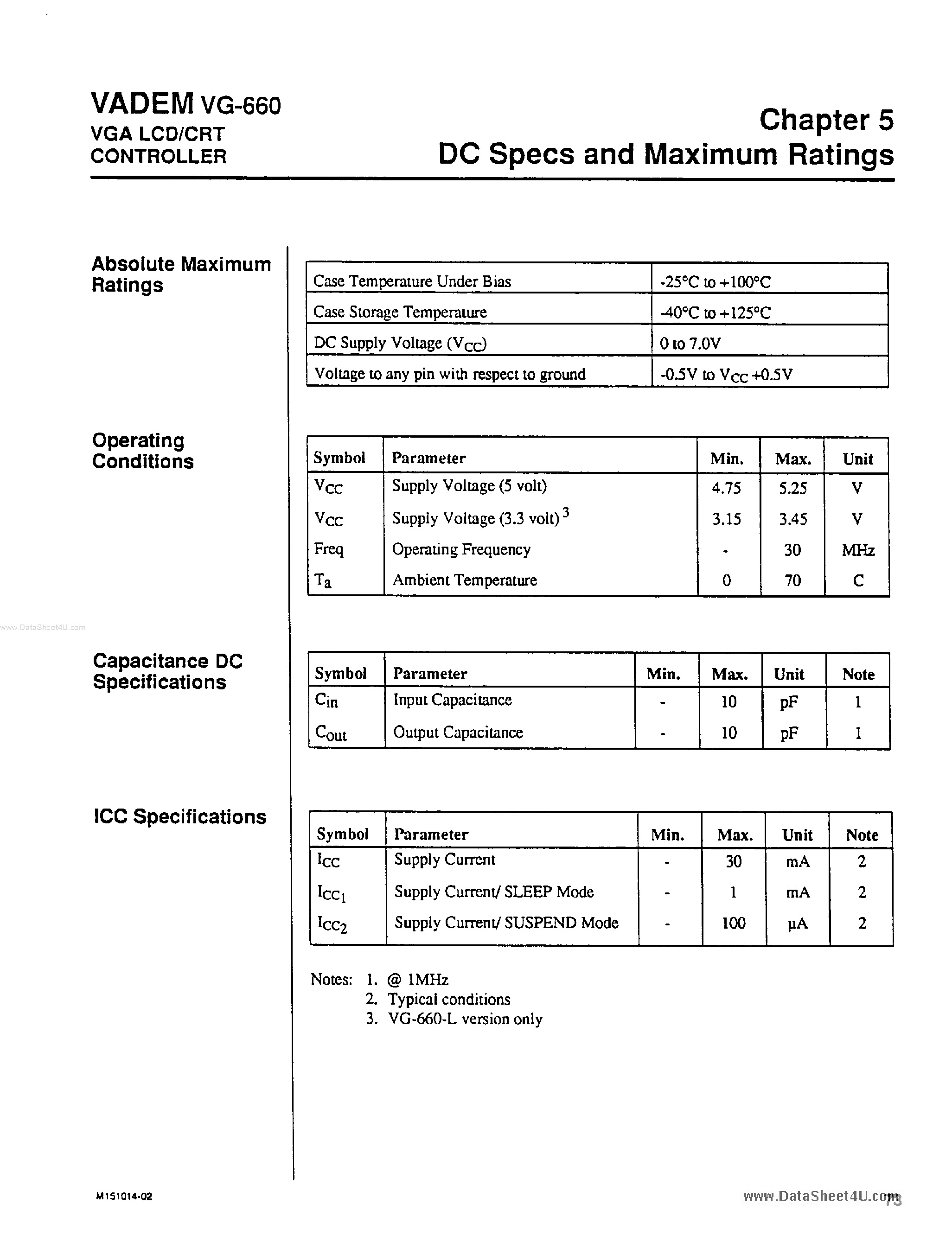 Datasheet VG-660 - DC Specs and Maximun Rating page 1