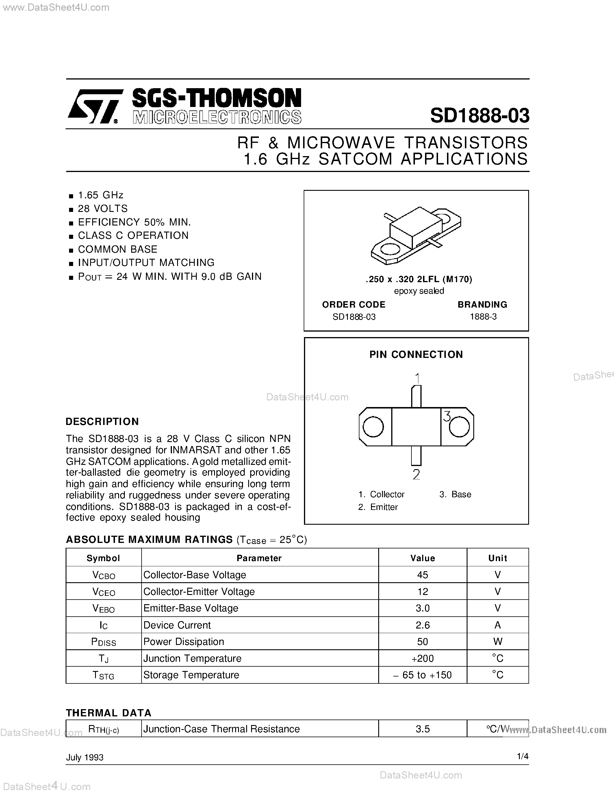Даташит SD1888-03 - RF & MICROWAVE TRANSISTORS 1.6 GHz SATCOM APPLICATIONS страница 1