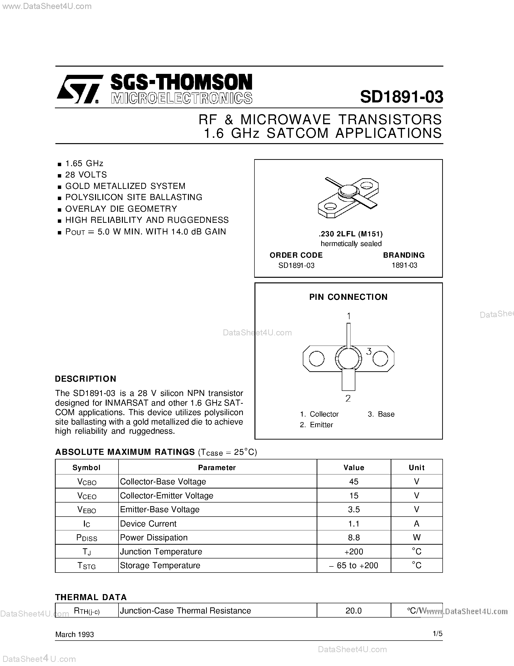 Datasheet SD1891-03 - RF & MICROWAVE TRANSISTORS 1.6 GHz SATCOM APPLICATIONS page 1