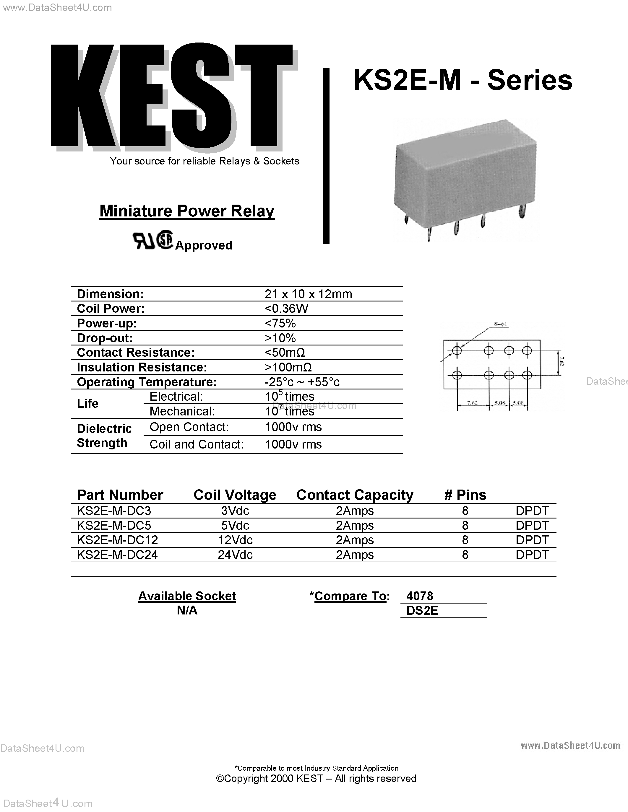 Даташит KS2E-M-DC12 - (KS2E-M Series) Miniature Power Relay страница 1