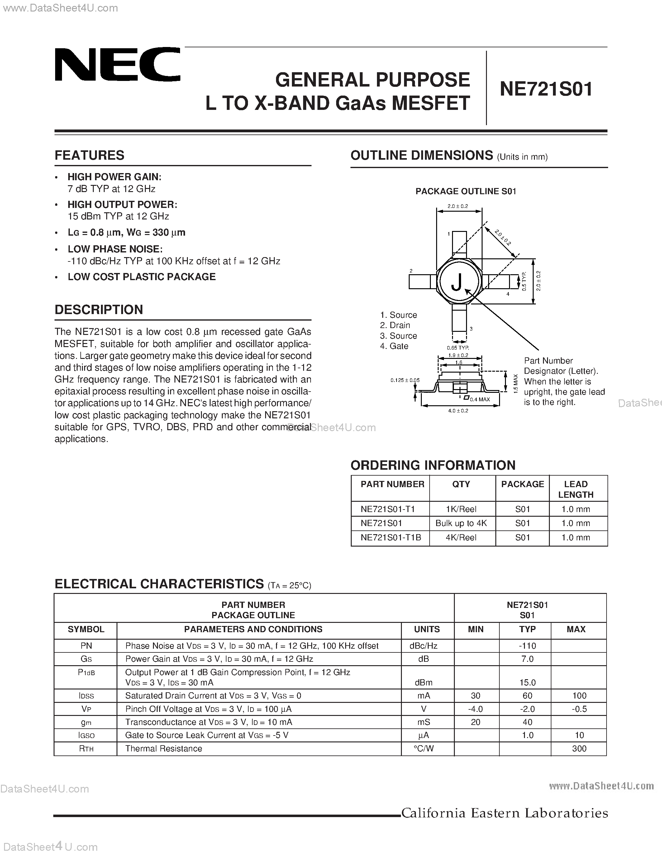 Даташит NE721S01 - GENERAL PURPOSE L TO X-BAND GaAs MESFET страница 1