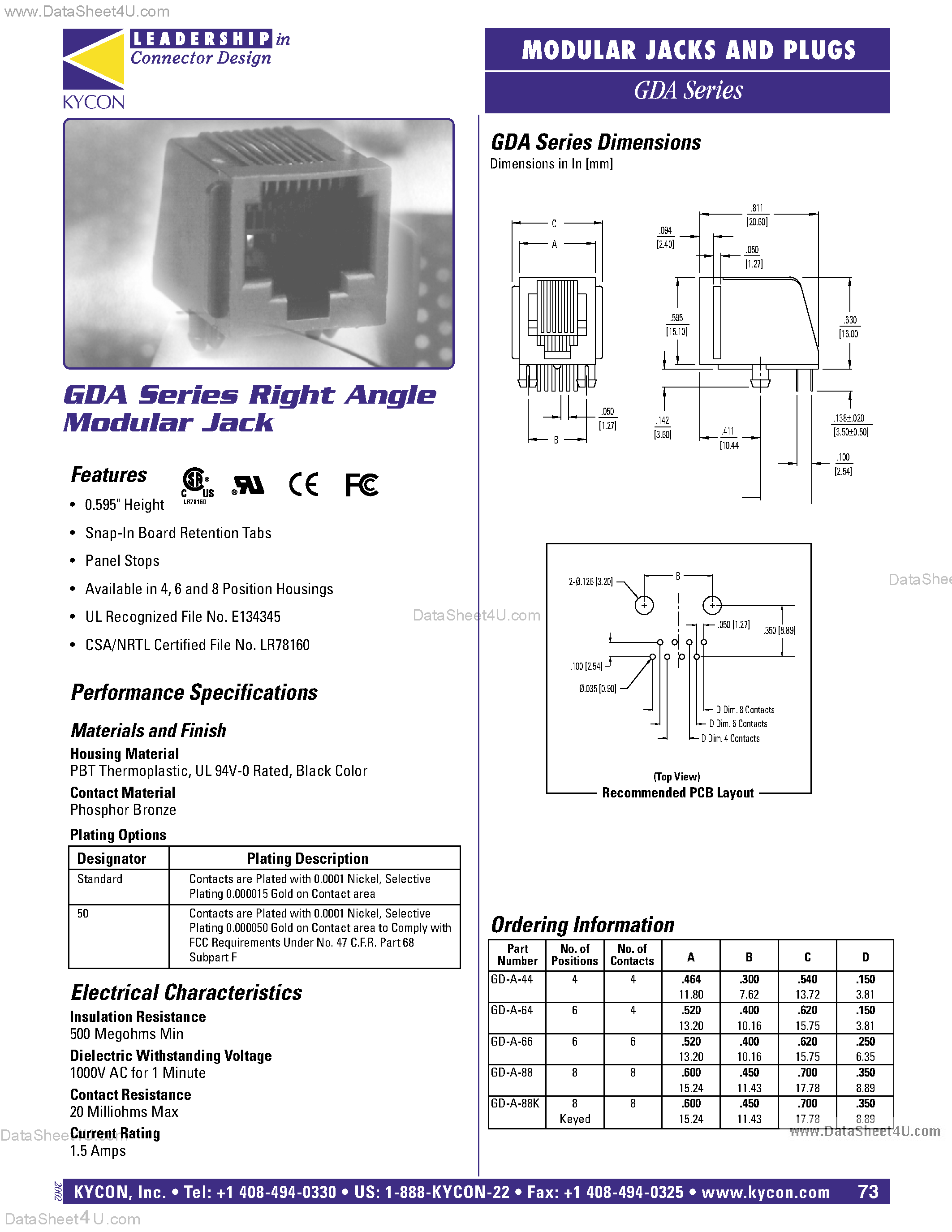 Datasheet GD-A-44 - (GD-A Series) Modular Jacks and Plugs page 1