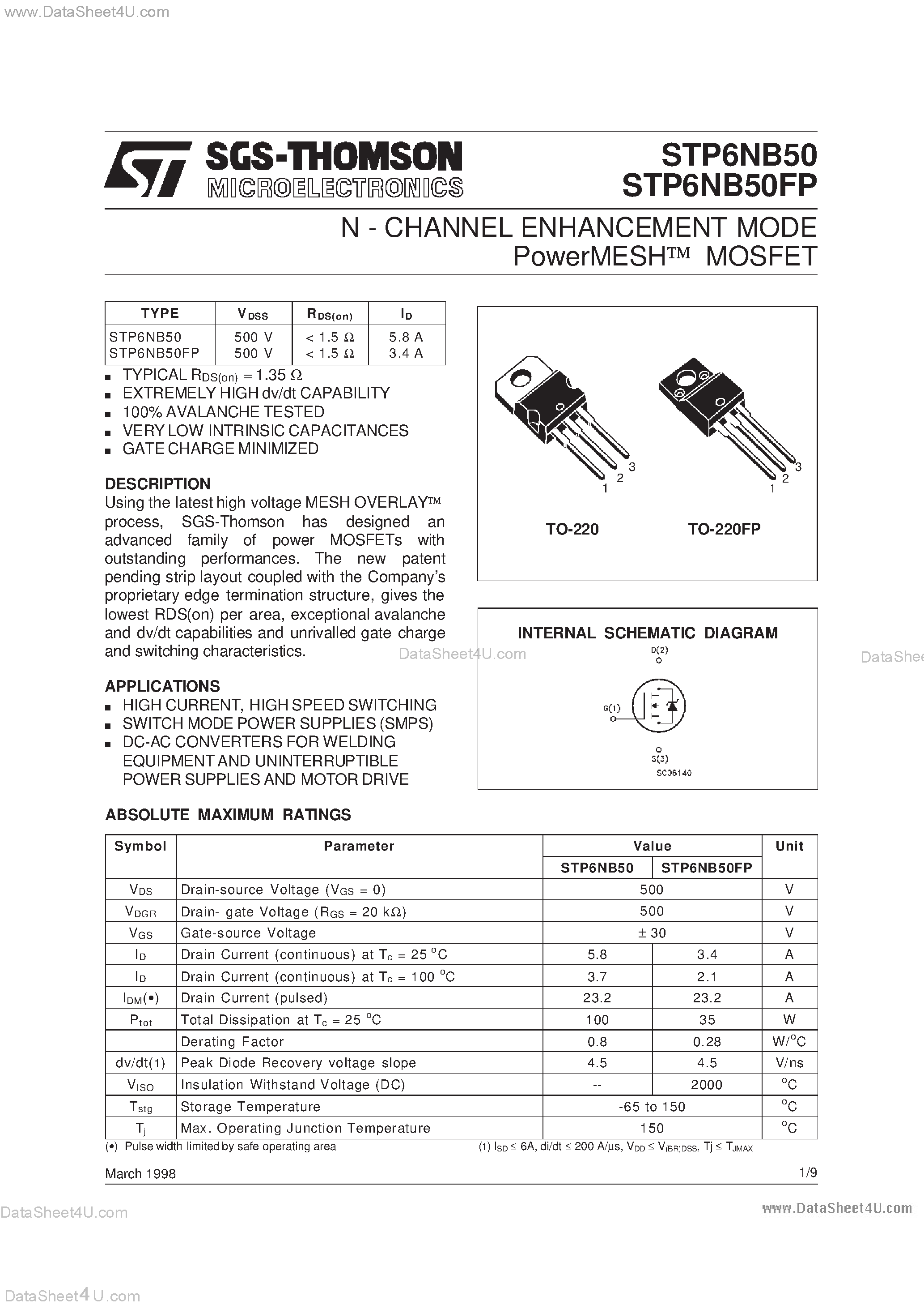 Datasheet STP6NB50 - N - CHANNEL ENHANCEMENT MODE PowerMESH MOSFET page 1