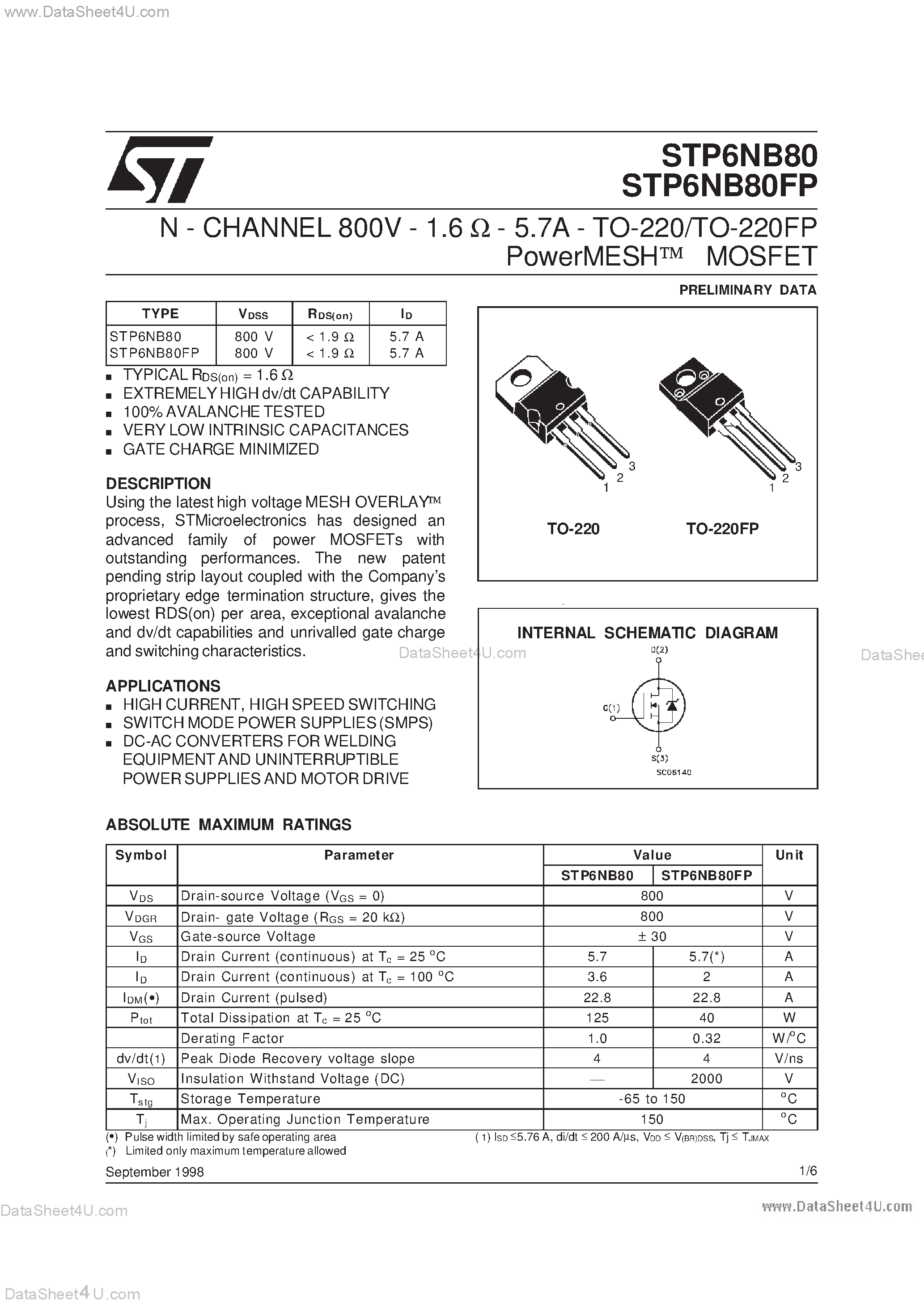 Datasheet STP6NB80 - N - CHANNEL 800V - 1.6 Ohm - 5.7A - TO-220/TO-220FP page 1