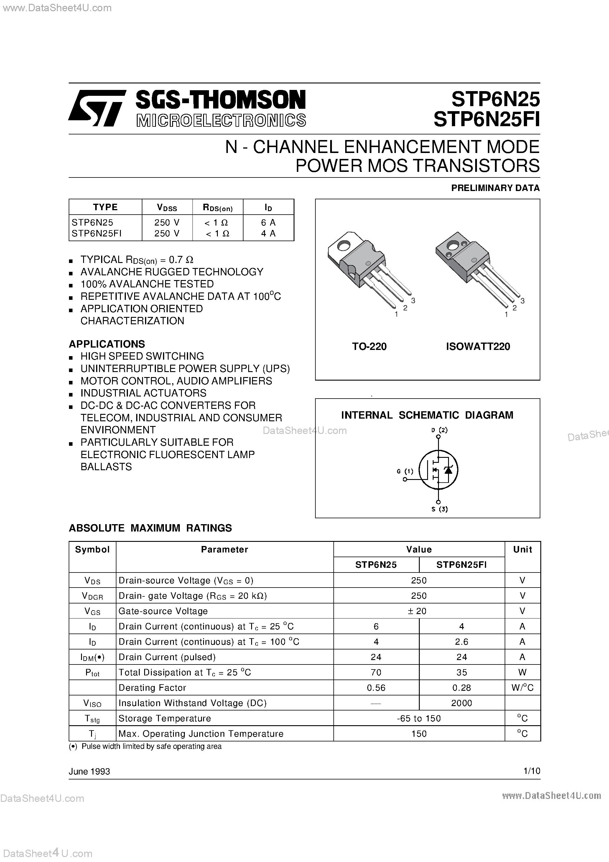 Даташит STP6N25 - N - CHANNEL ENHANCEMENT MODE POWER MOS TRANSISTORS страница 1