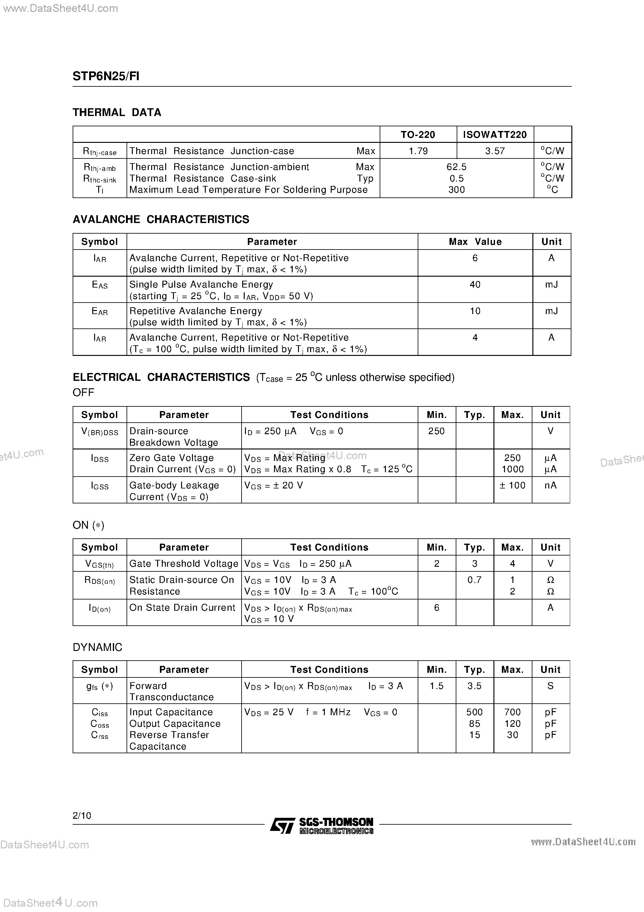 Datasheet STP6N25 - N - CHANNEL ENHANCEMENT MODE POWER MOS TRANSISTORS page 2