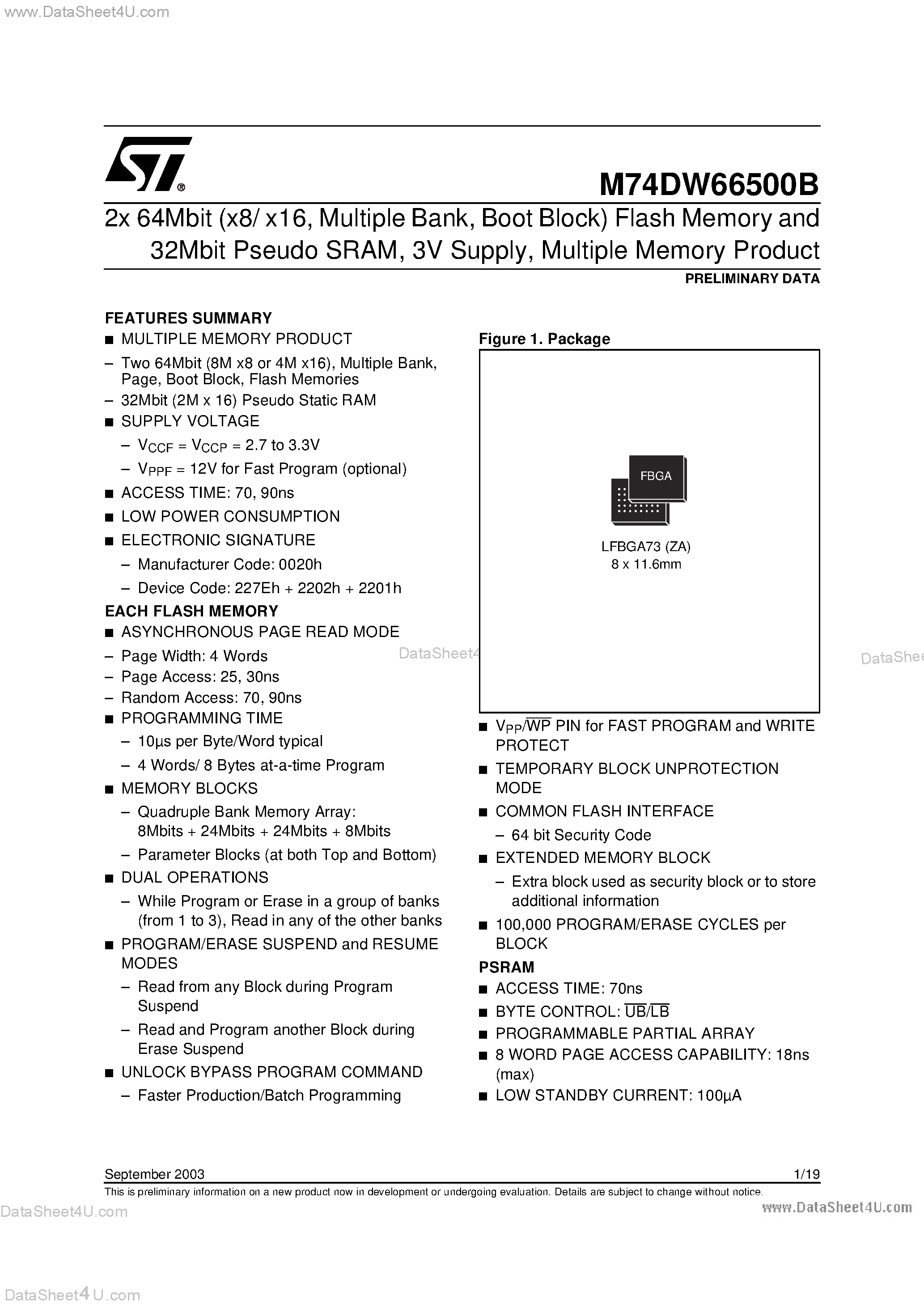 Datasheet M74DW66500B - 2x 64Mbit Flash Memory and 32Mbit Pseudo SRAM page 1