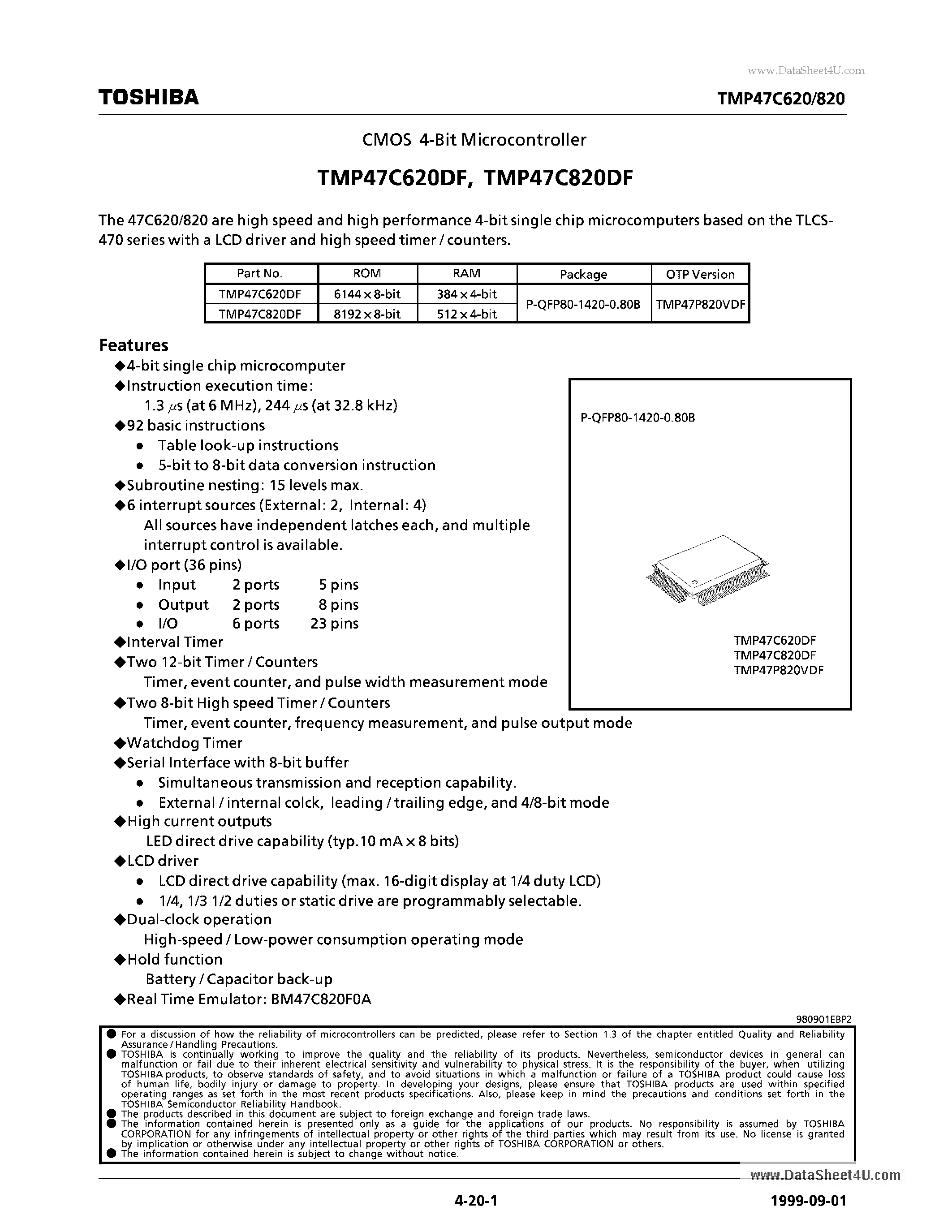 Datasheet TMP47C620DF - (TMP47C620DF / TMP47C820DF) CMOS 4-Bit Microcontroller page 1