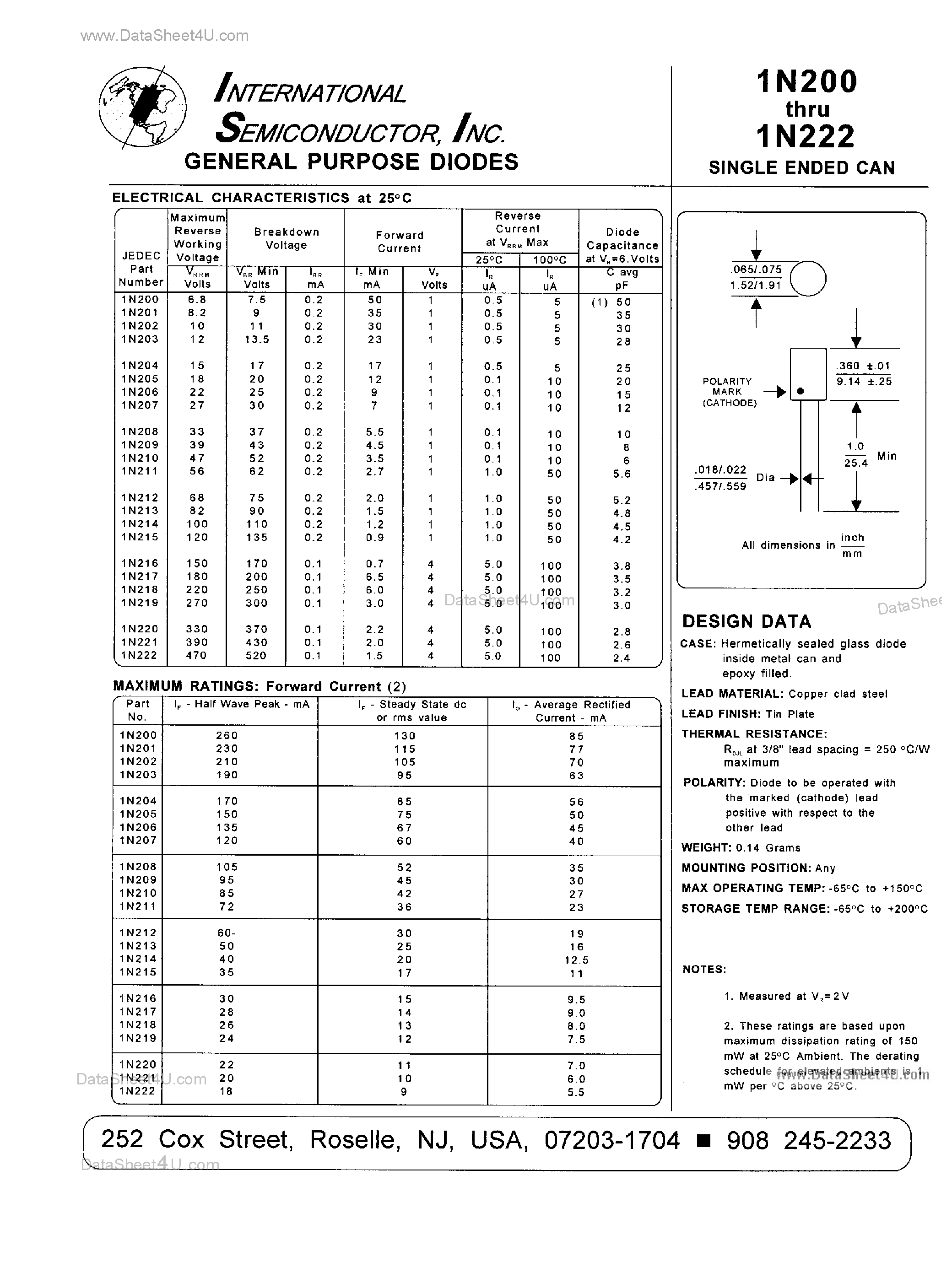 Datasheet 1N200 - (1N200 - 1N222) General Purpose Diodes page 1