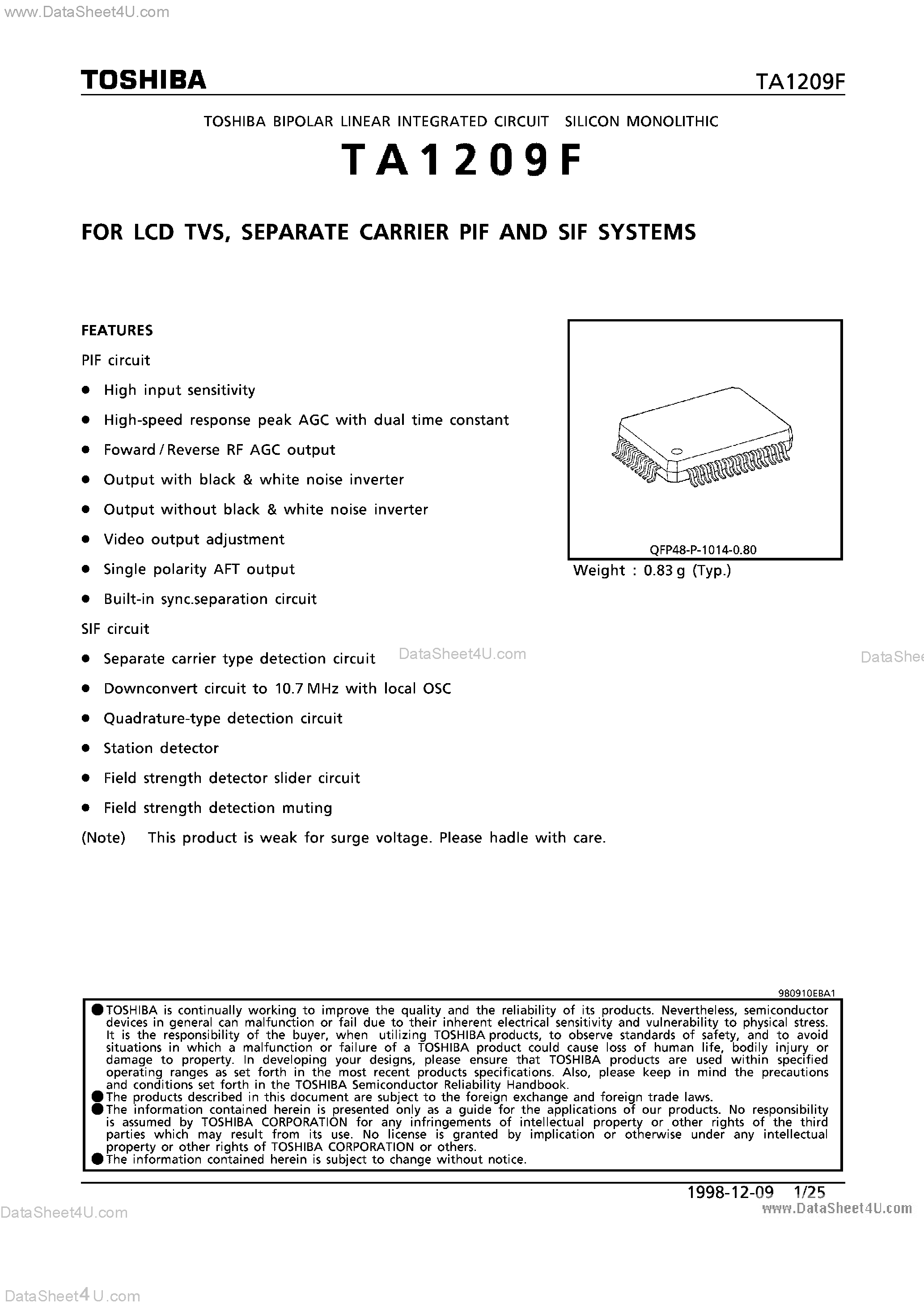 Datasheet TA1209F - FOR LCD TVS / SEPARATE CARRIER PIF AND SIF SYSTEMS page 1