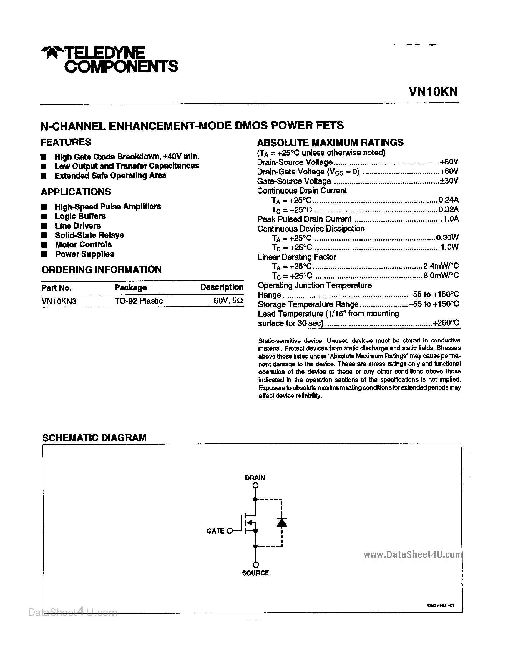 Datasheet VN10KN3 - N-Channel Enhancement Mode D-MOS Power FETs page 1