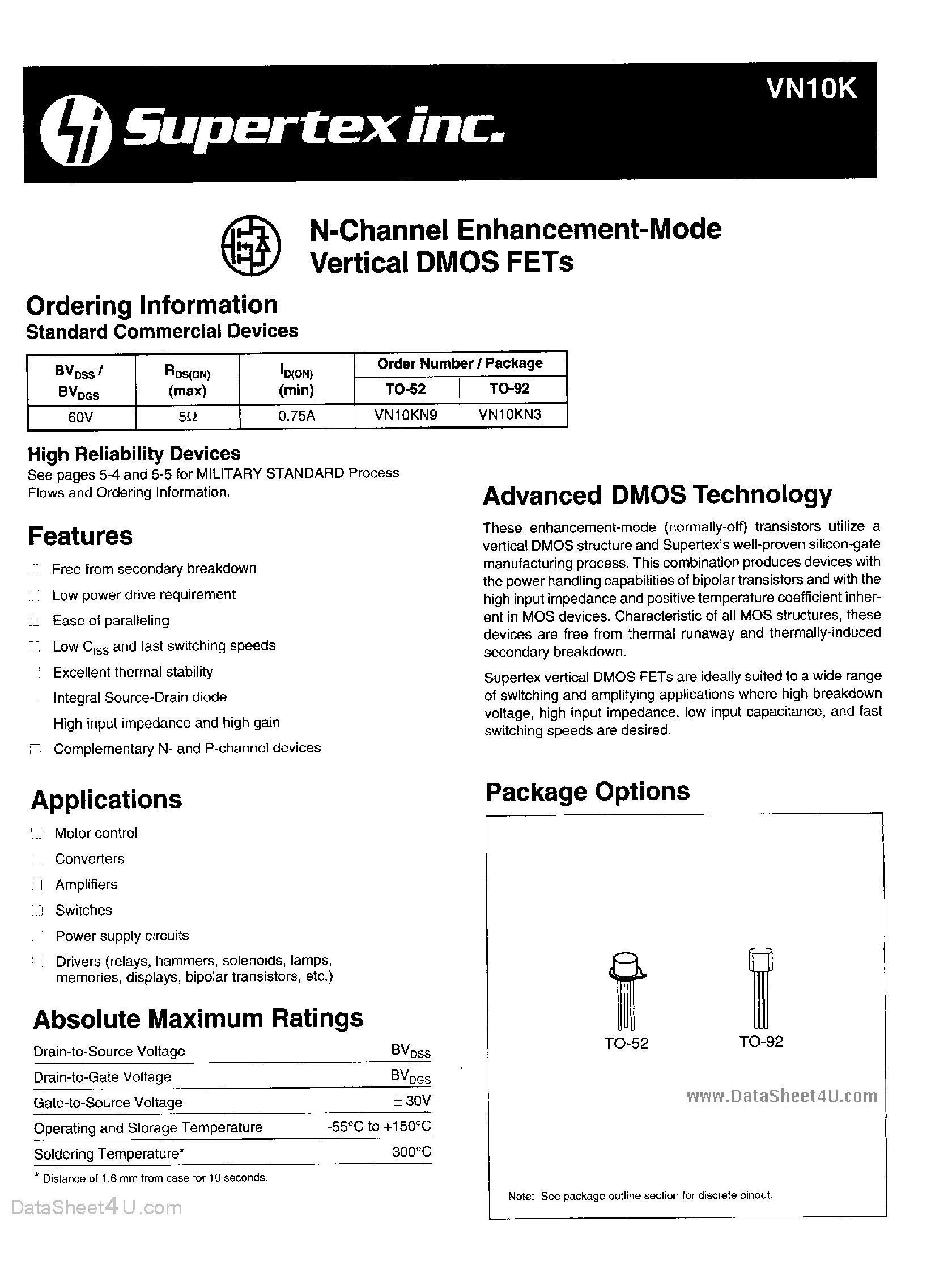 Даташит VN10KN9 - N-Channel Enhancement Mode Vertical D-MOS FETs страница 1