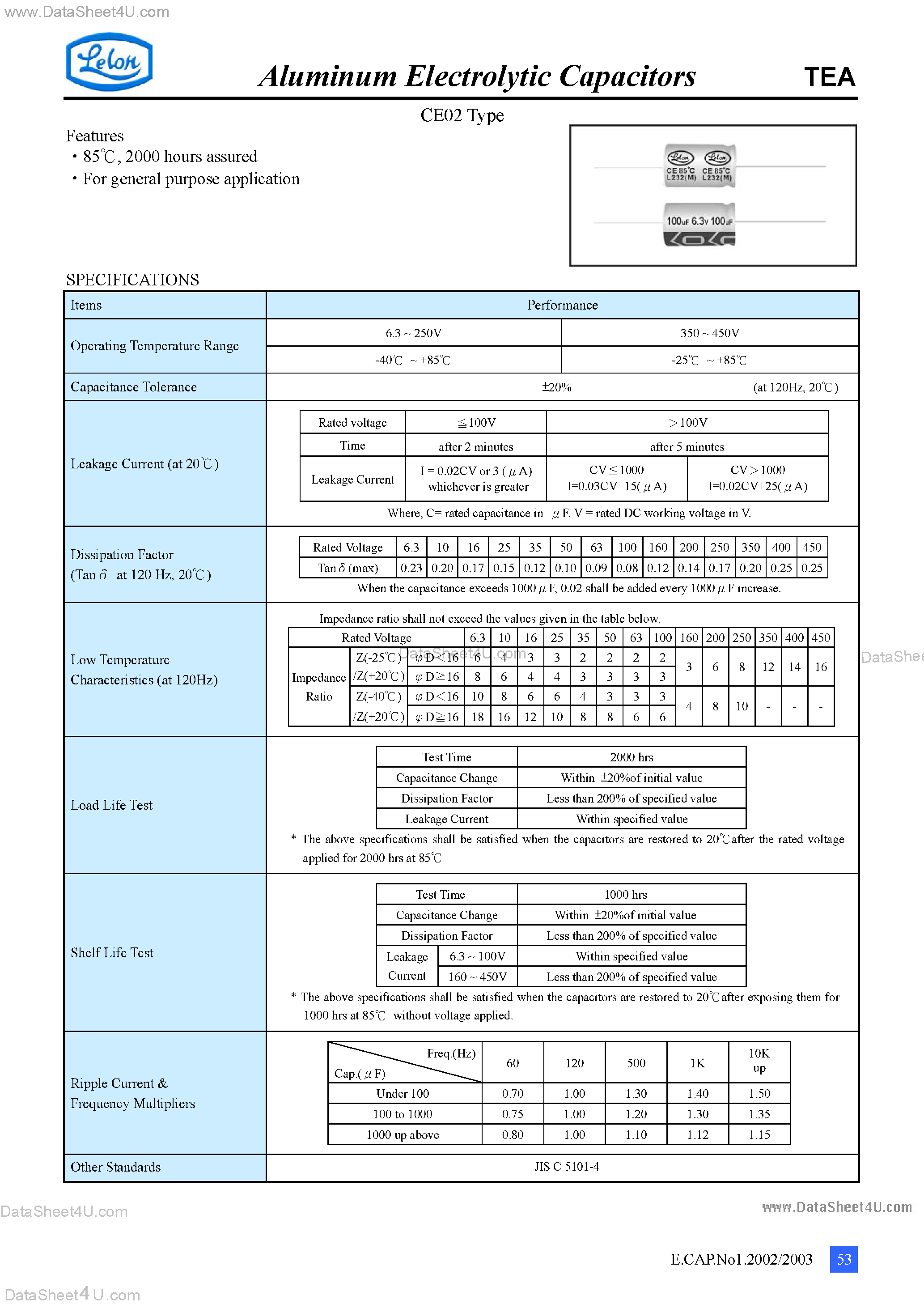 Datasheet TEA223M0JBK-2243 - (TEA Series) Aluminum Electrolytic Capacitors page 1
