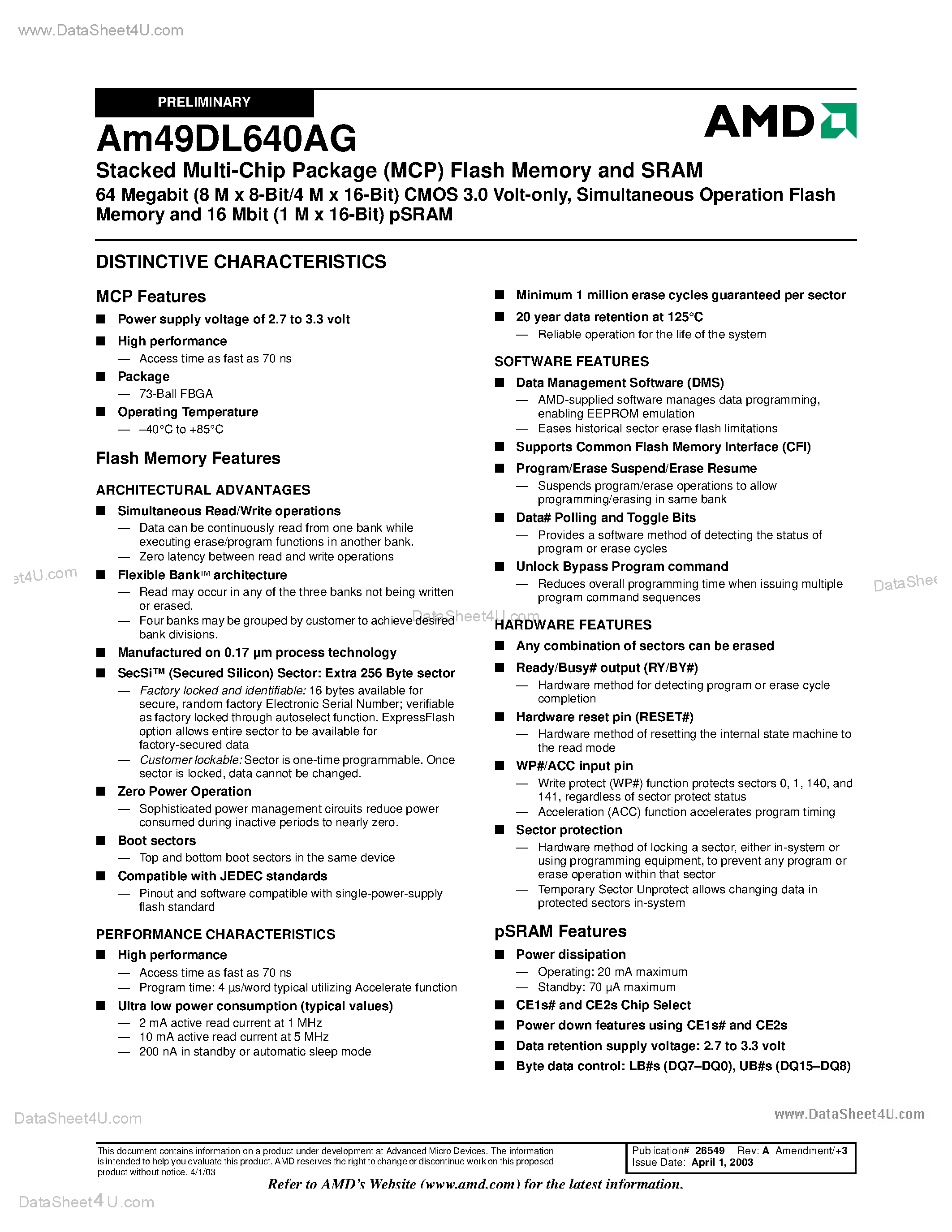 Datasheet AM49DL640AG - Stacked Multi-Chip Package (MCP) Flash Memory and SRAM page 2