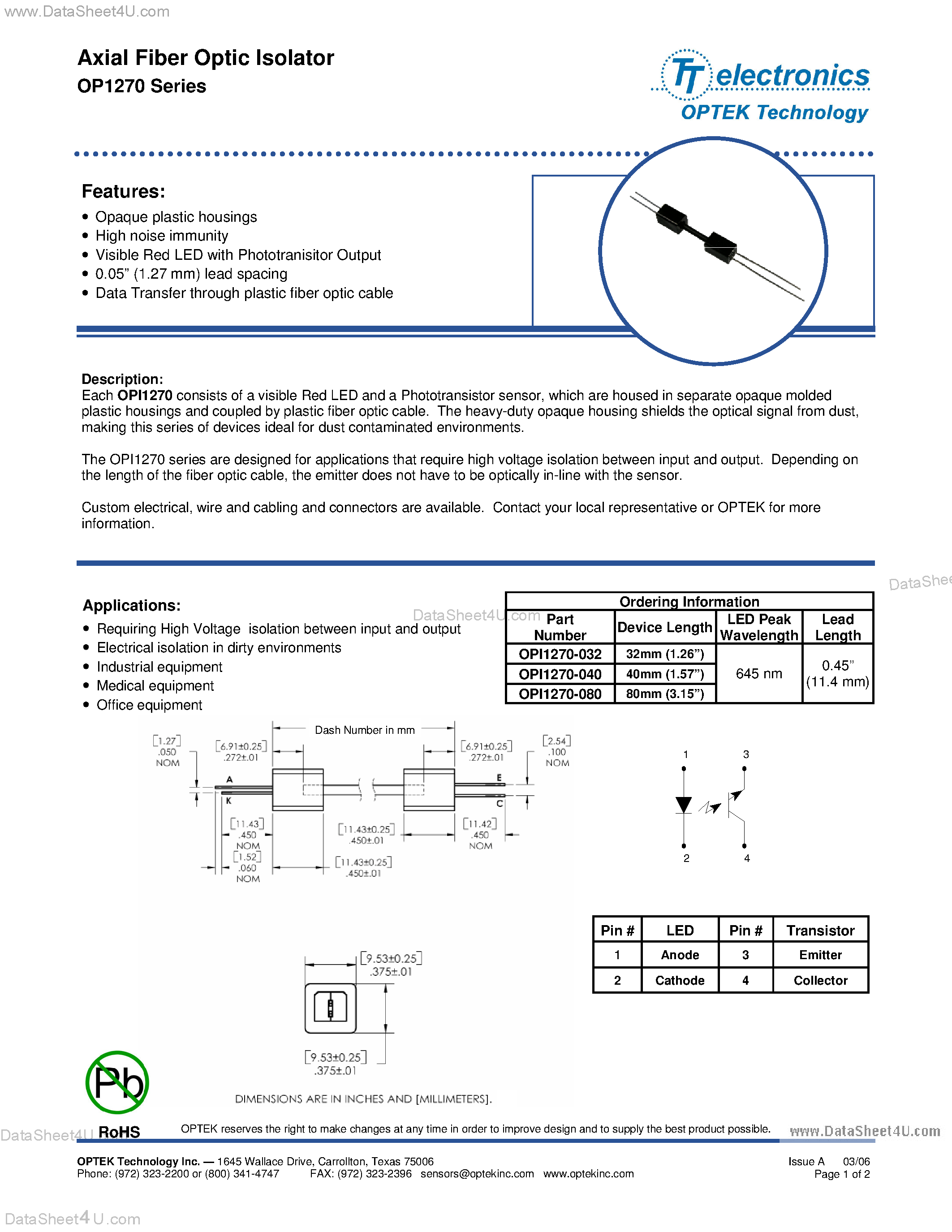Даташит OP1270 - Axial Fiber Optic Isolator страница 1