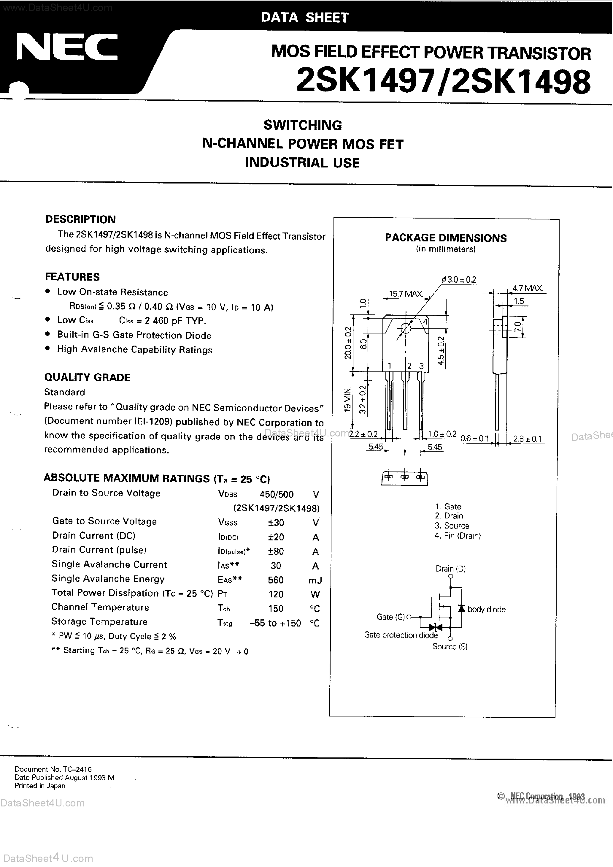 Даташит 2SK1497 - (2SK1497 / 2SK1498) MOS Field Effect Power Transistors страница 1