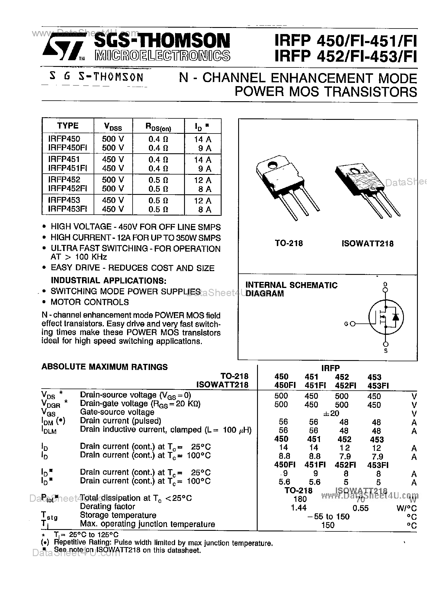 Даташит IRFP450 - (IRFP450 - IRFP453) N-Channel Enhancement Mode Power MOS Transistors страница 1