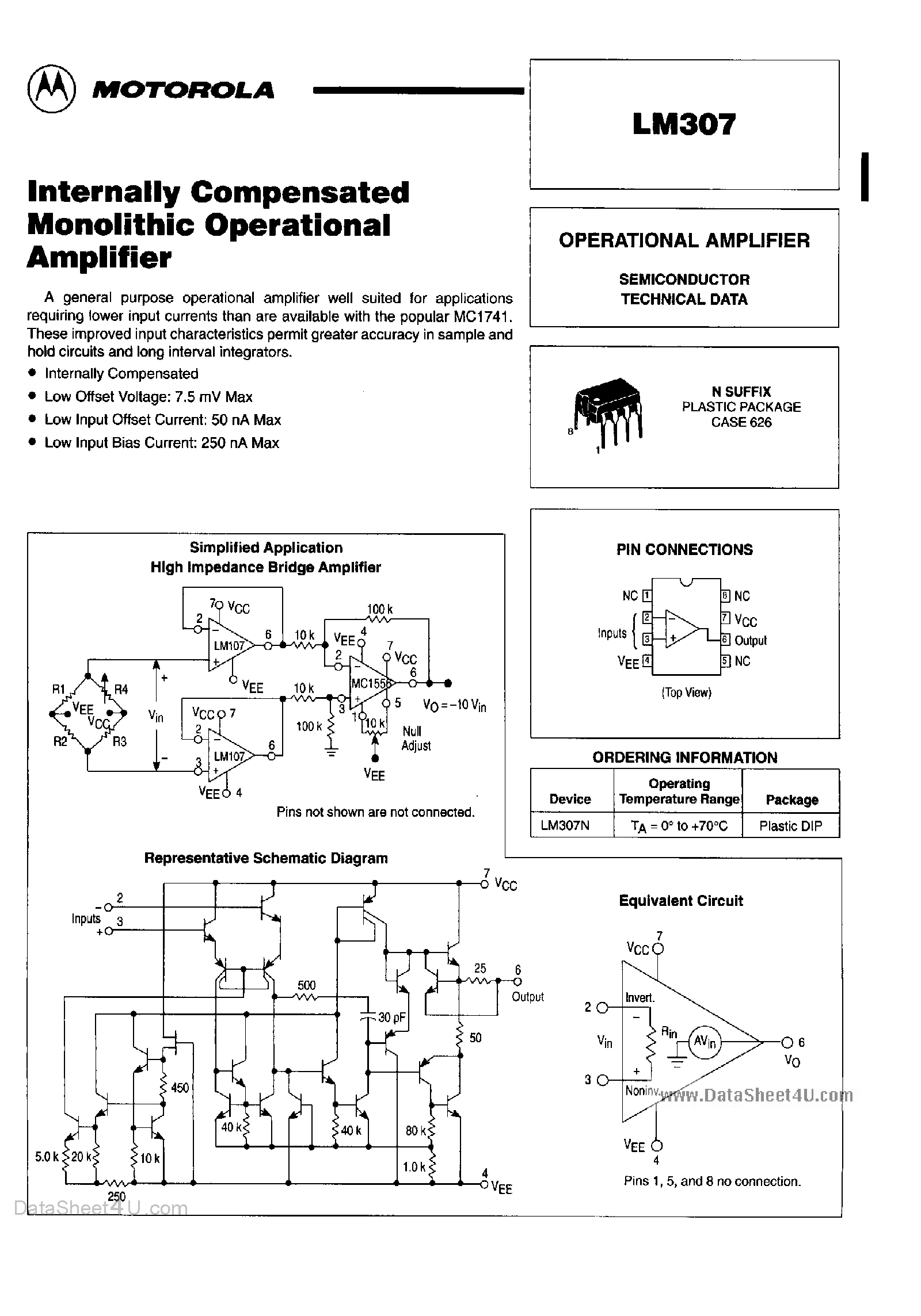 Даташит MLM307 - Interna;;y Compensated Monolithic Operational Amplifier страница 1