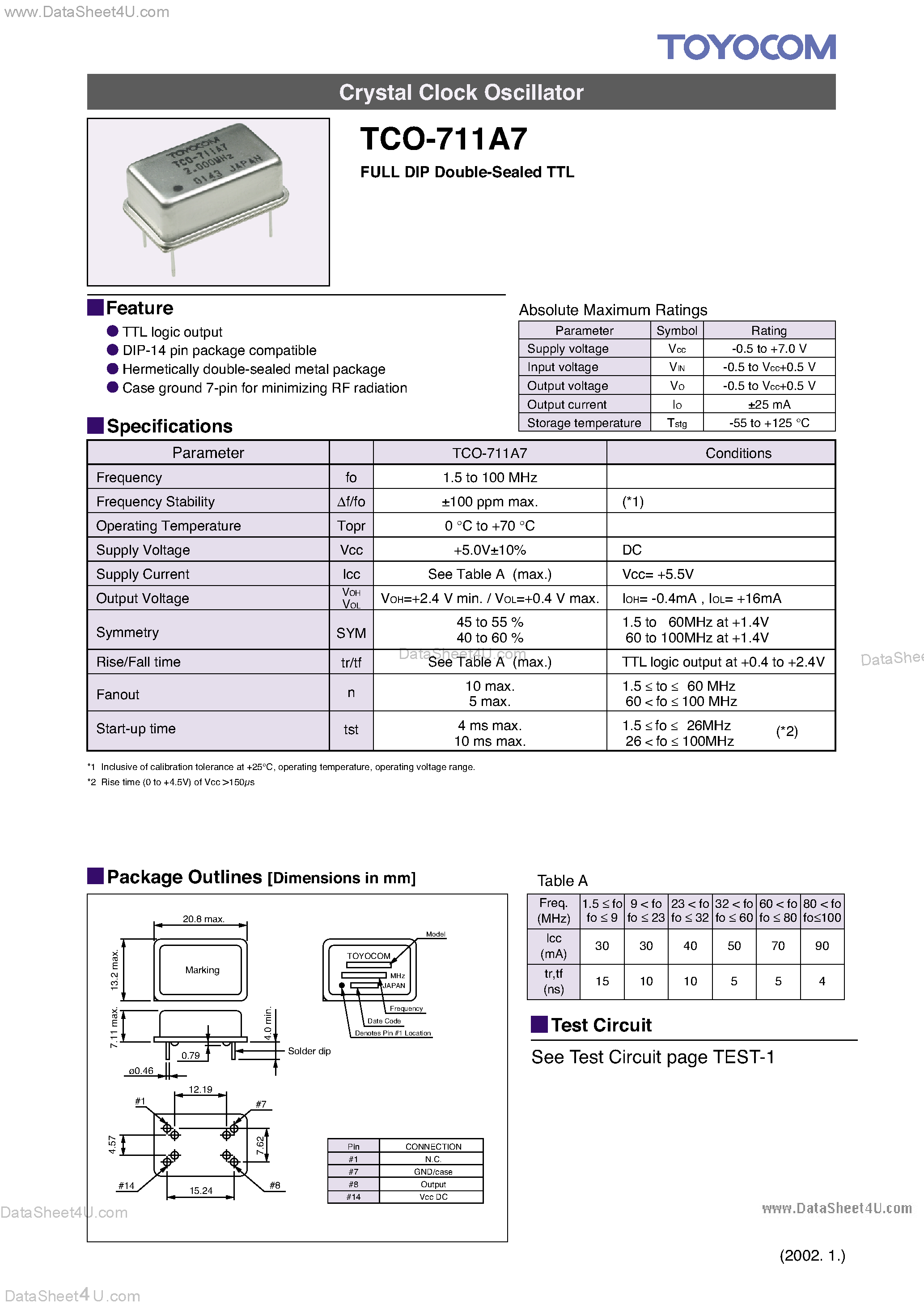 Datasheet TCO-711A7 - Full DIP Double Sealed TTL Crystal Clock Oscillator page 1