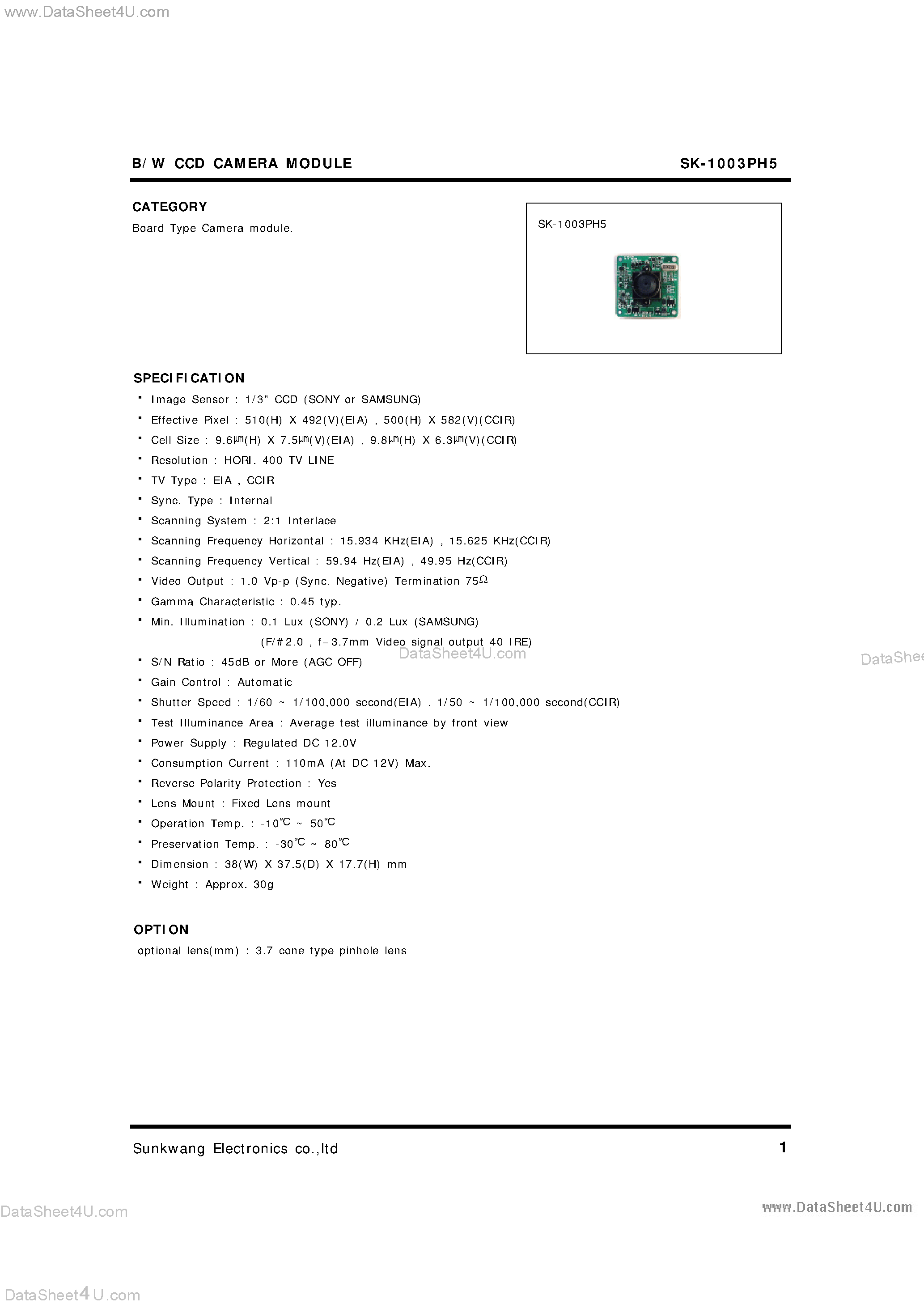 Datasheet SK-1003PH5 - B/W CCD Camera Module page 1