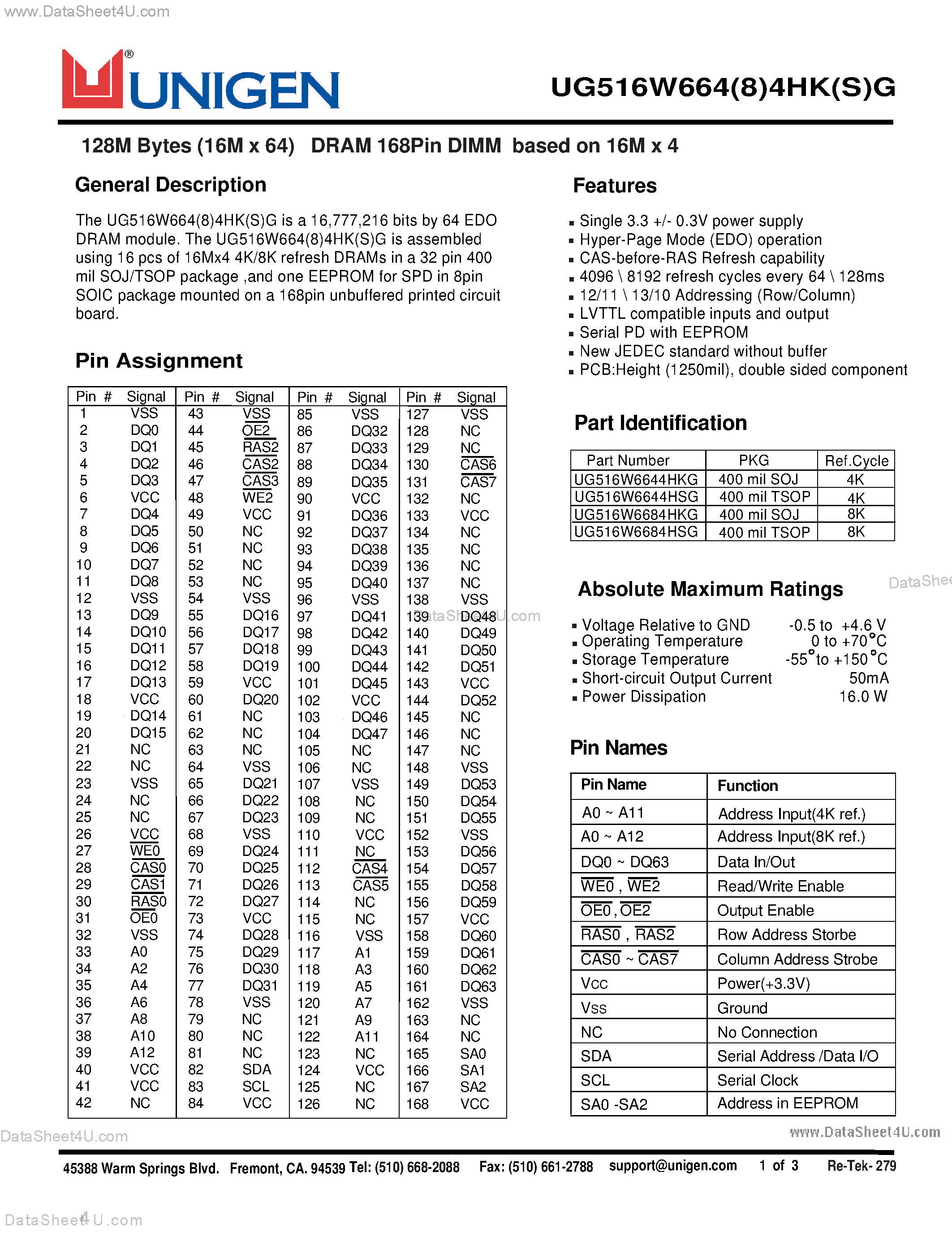 Datasheet UG516W6644HKG - UG516W664(8)4HS(K)G - 128M DRAM page 1