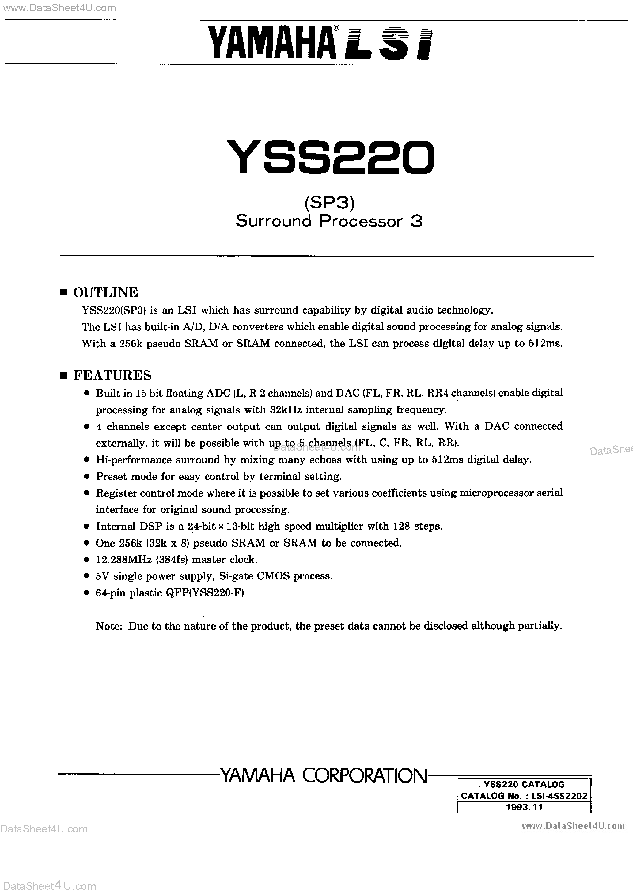 Datasheet YSS220 - SURROUND PROCESSOR 3 page 1