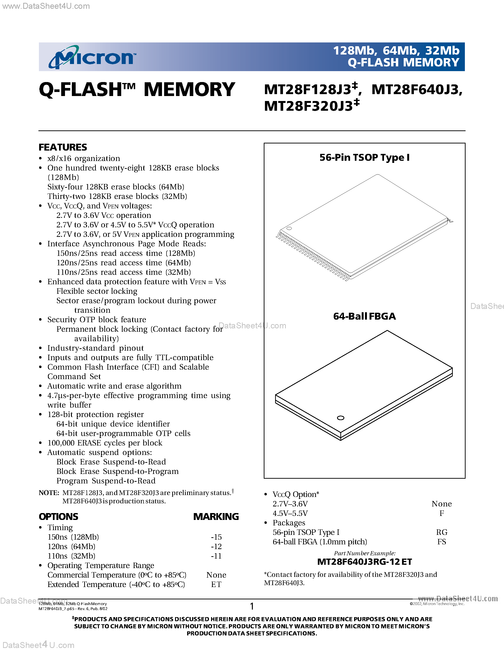 Datasheet MT28F128J3 - (MT28FxxxJ3) Q-FLASHTM MEMORY page 1