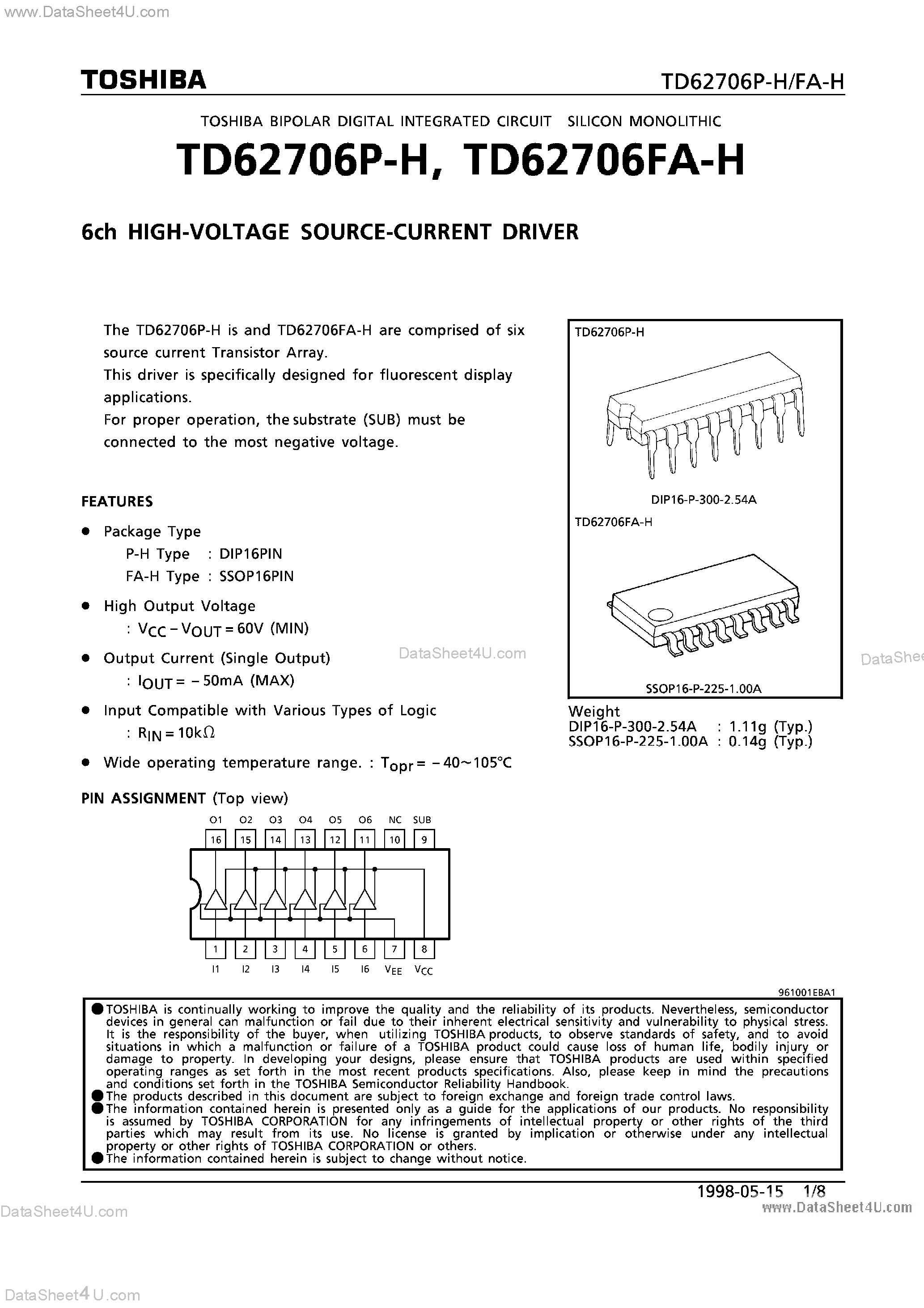 Datasheet TD67206FA-H - (TD67206P-H/FA-H) 6Ch High Voltage Source Current Driver page 1