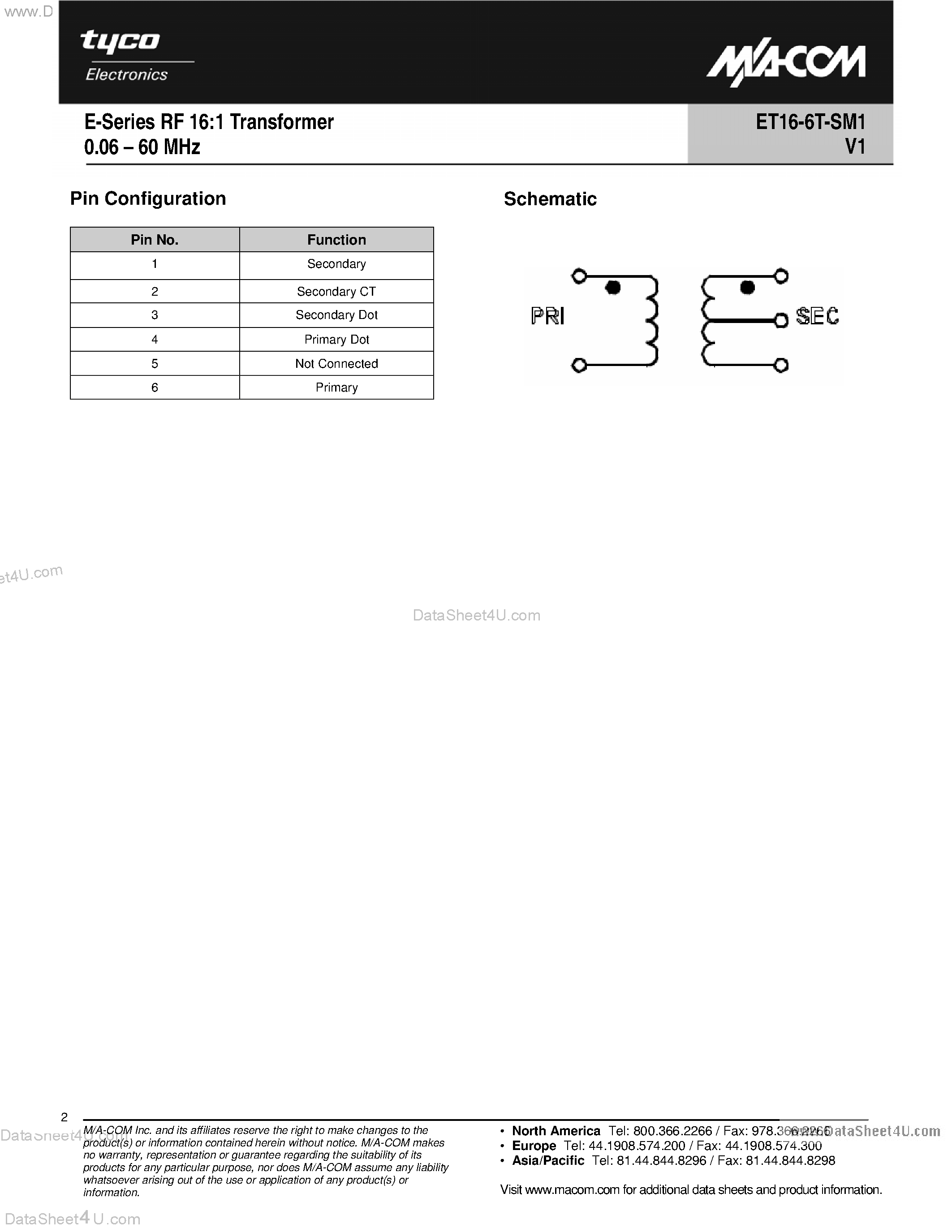 Datasheet ET16-6T-SM1 - E-Series RF 16:1 Transformer 0.06 - 60 MHz page 2