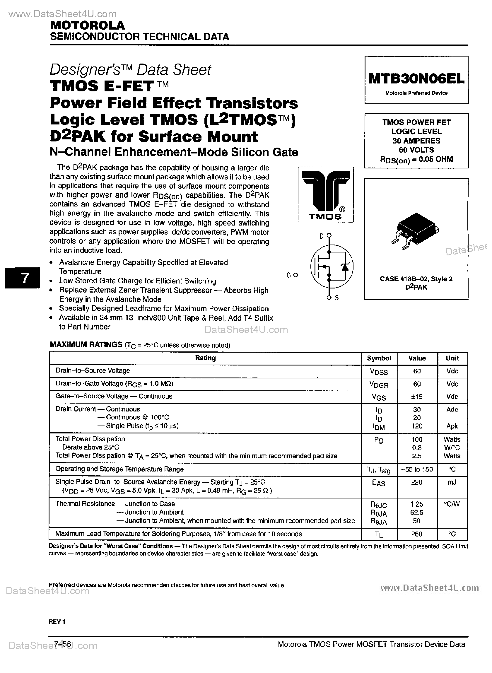 Datasheet MTB30N06ELT4 - TMOS Power FET page 1
