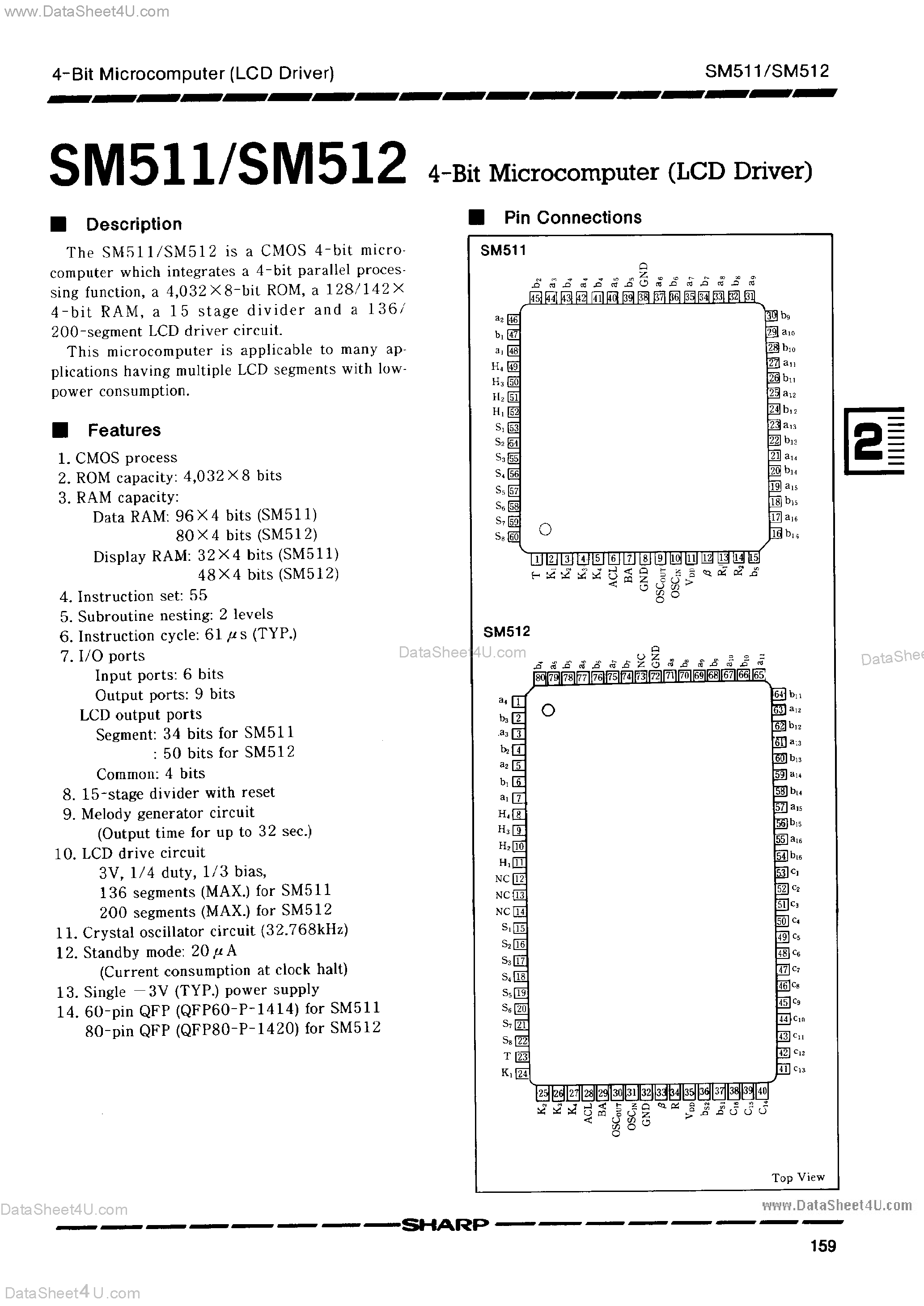 Datasheet SM511 - (SM511 / SM512) 4-Bit Microcomputer page 1