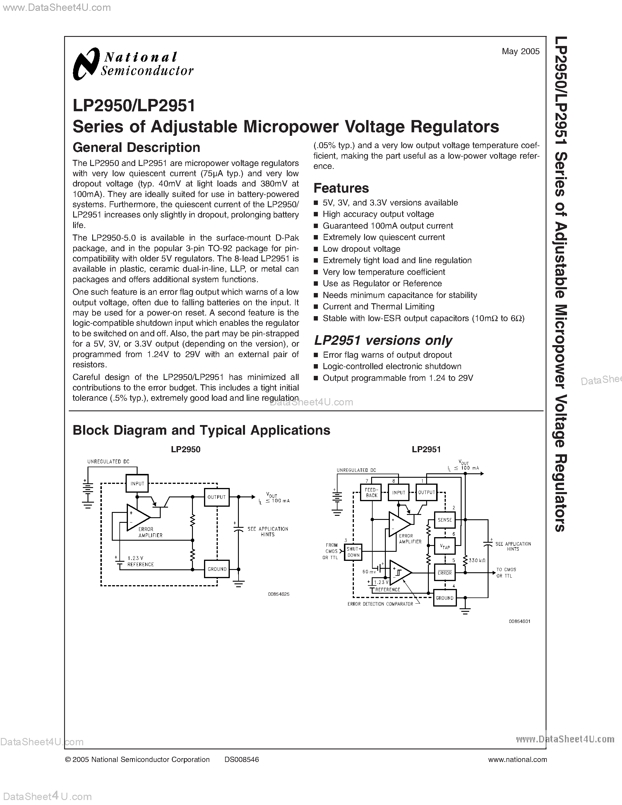 Datasheet LP2950 - (LP2950 / LP2951) Series of Adjustable Micropower Voltage Regulators page 1