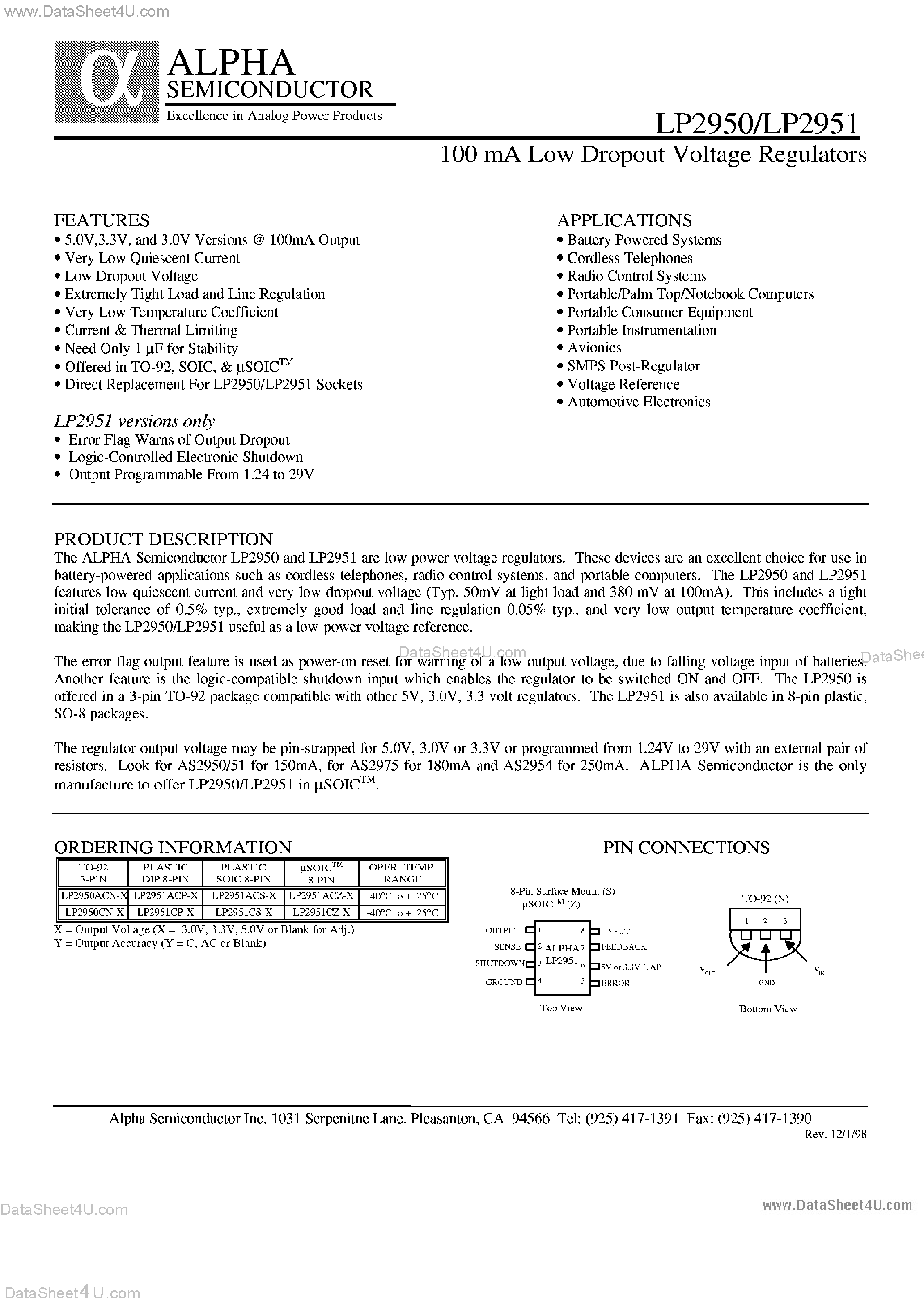 Datasheet LP2950 - (LP2950 / LP2951) 100mA Low Dropout Voltage Regulators page 1