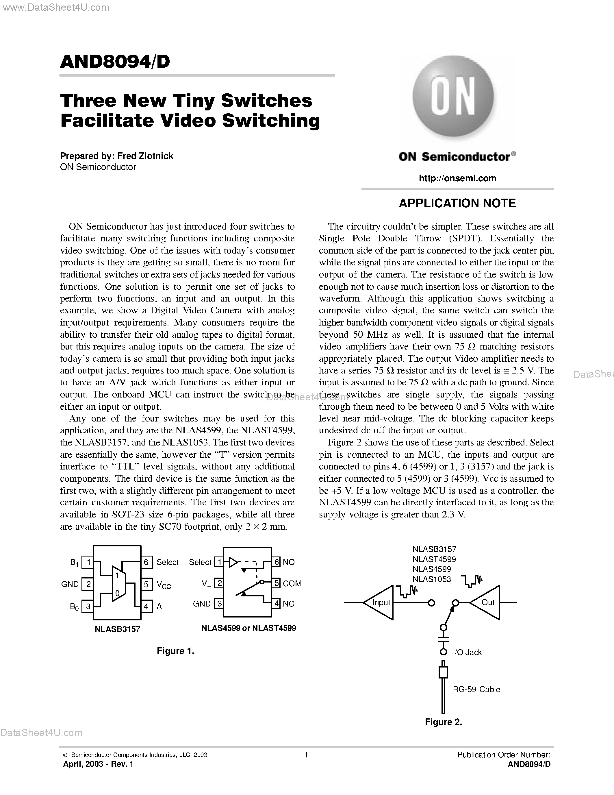 Datasheet AND8094 - Three New Tiny Switches Facilitate Video Switching page 1