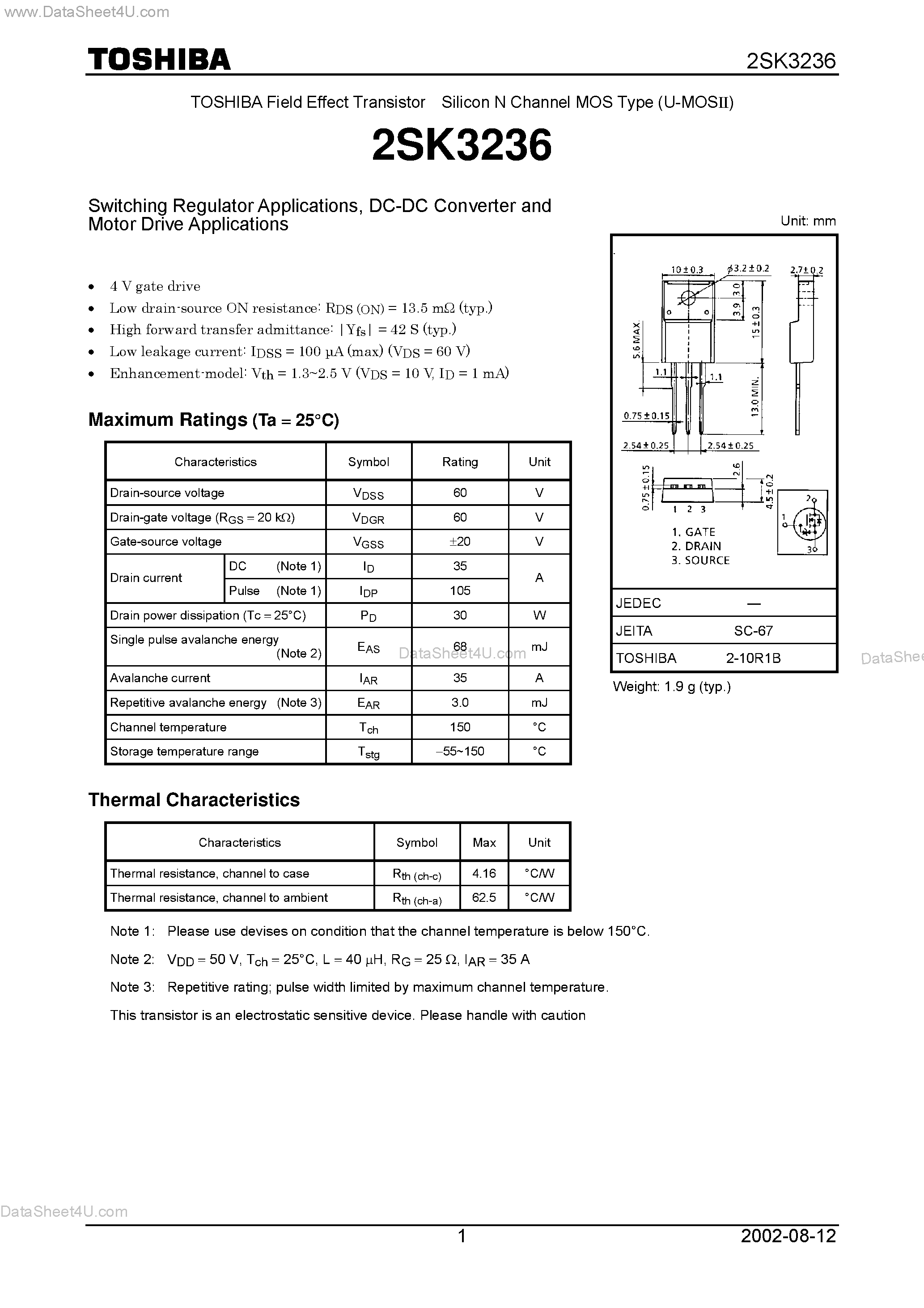 Datasheet 2SK3236 - TOSHIBA Field Effect Transistor Silicon N Channel MOS Type (U-MOS) page 1