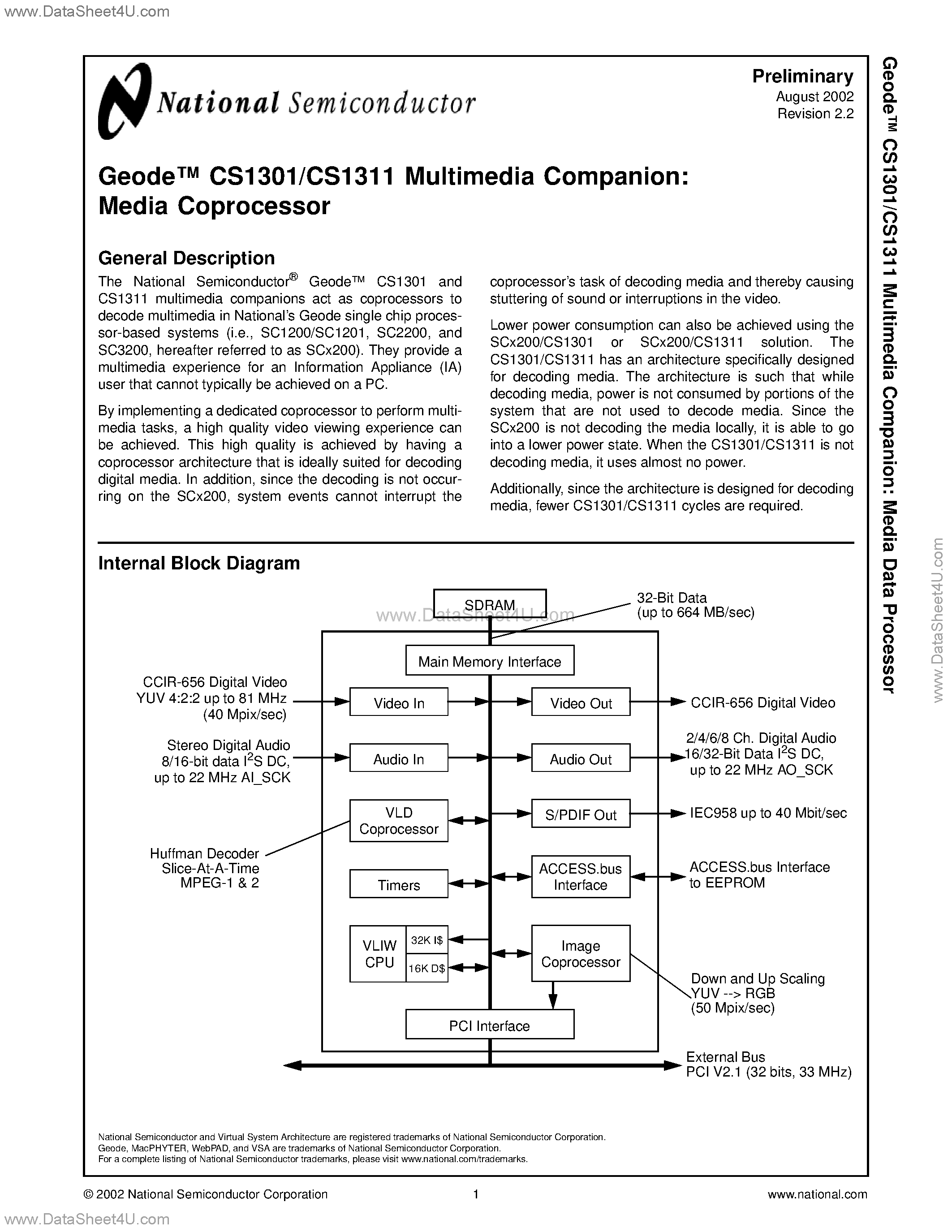 Datasheet CS1301 - (CS1301 / CS1311) Media Coprocessor page 1