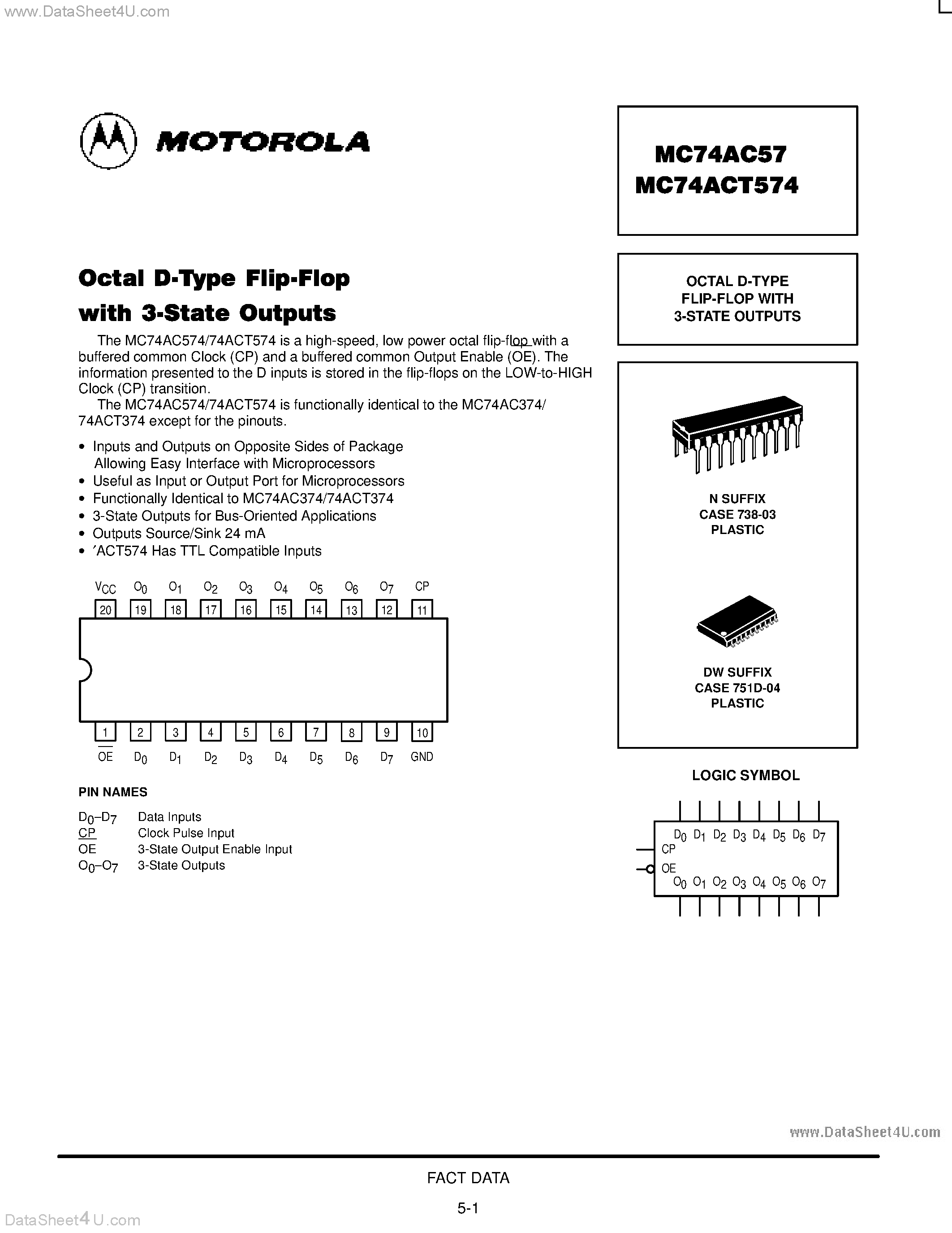 Datasheet MC74AC57 - (MC74AC57 / MC74AC574) OCTAL D-TYPE FLIP-FLOP WITH 3-STATE OUTPUTS page 1