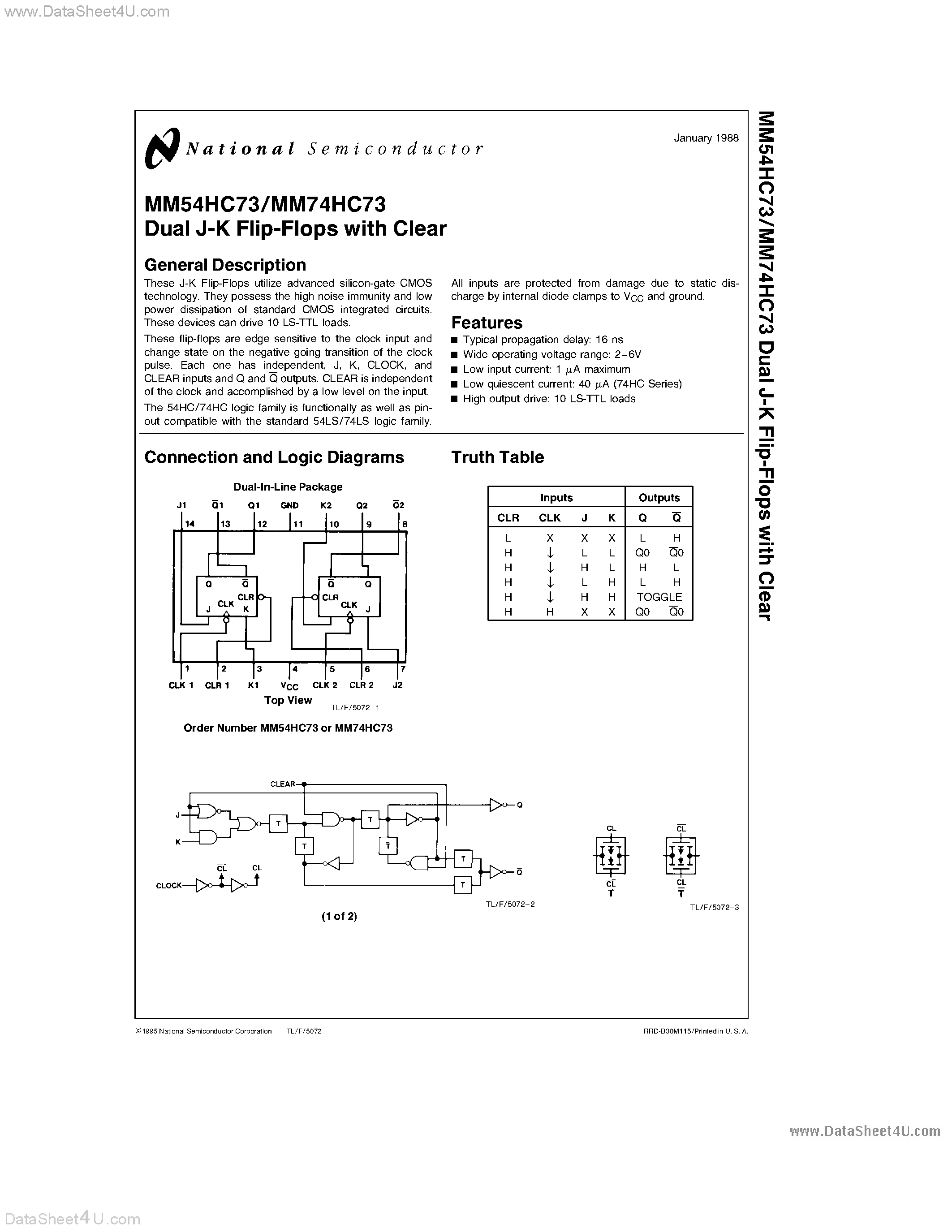 Datasheet MM54HC73 - Dual J-K Flip-Flops with Clear page 1