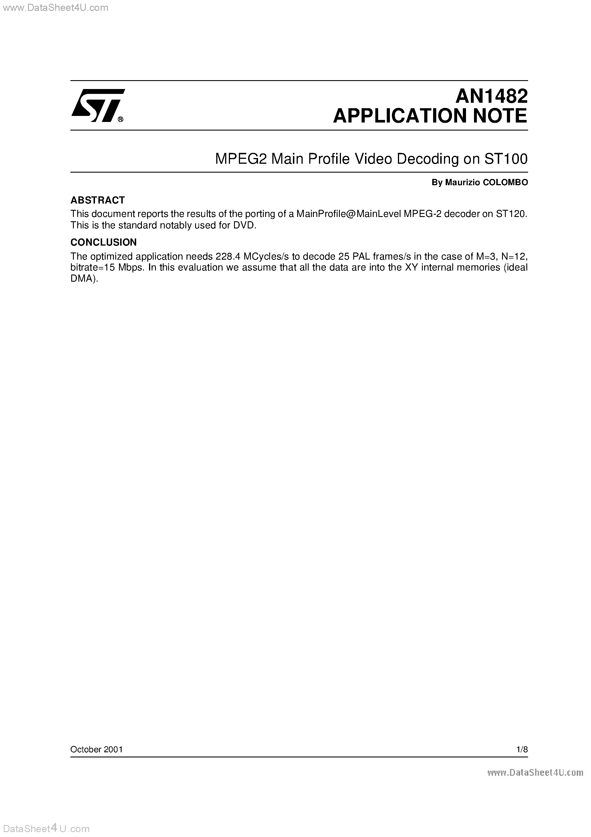 Datasheet AN1482 - MPEG2 Main Profile Video Decoding on ST100 page 1