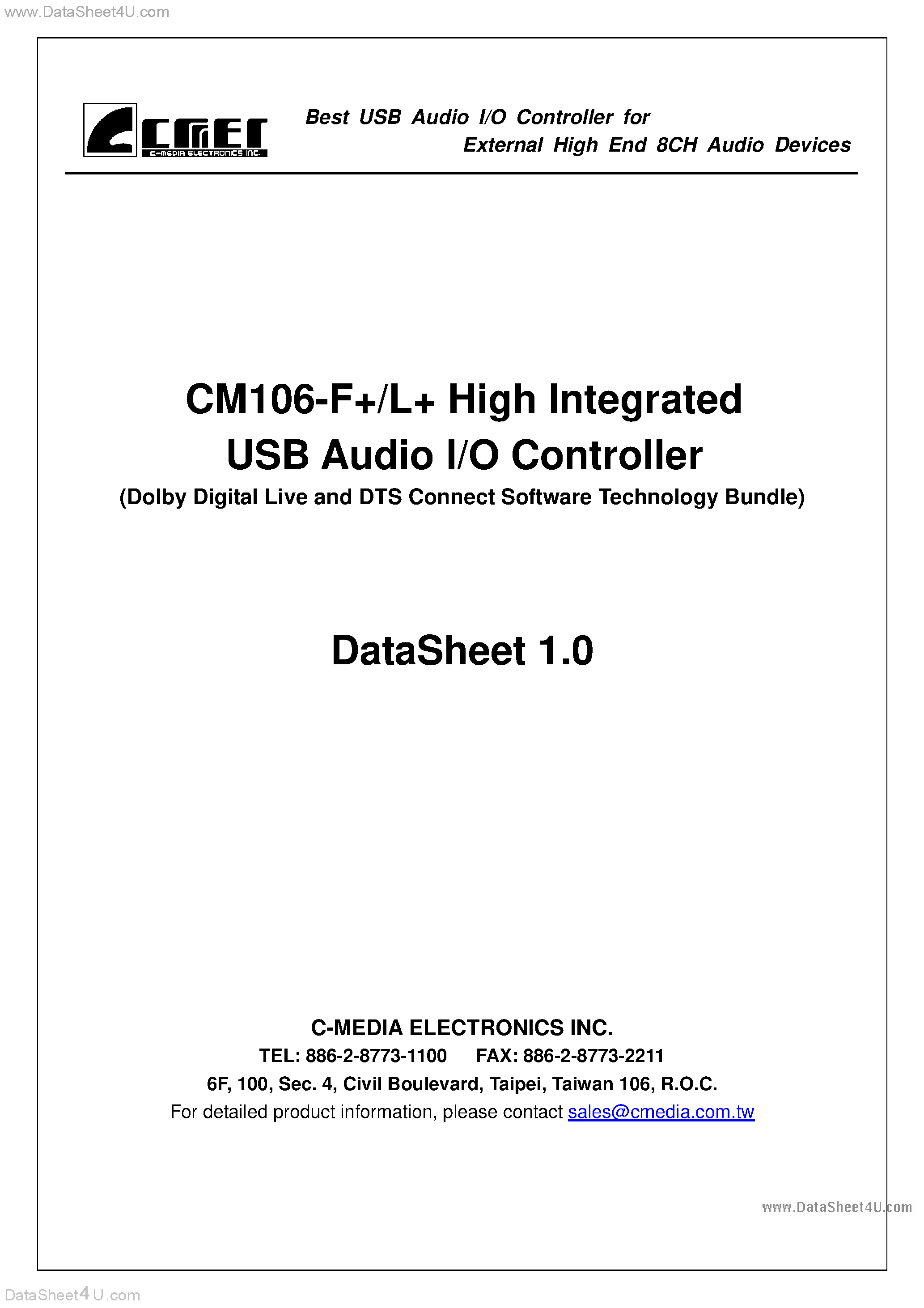 Даташит CM106-F+ - USB Audio I/O Controller страница 1