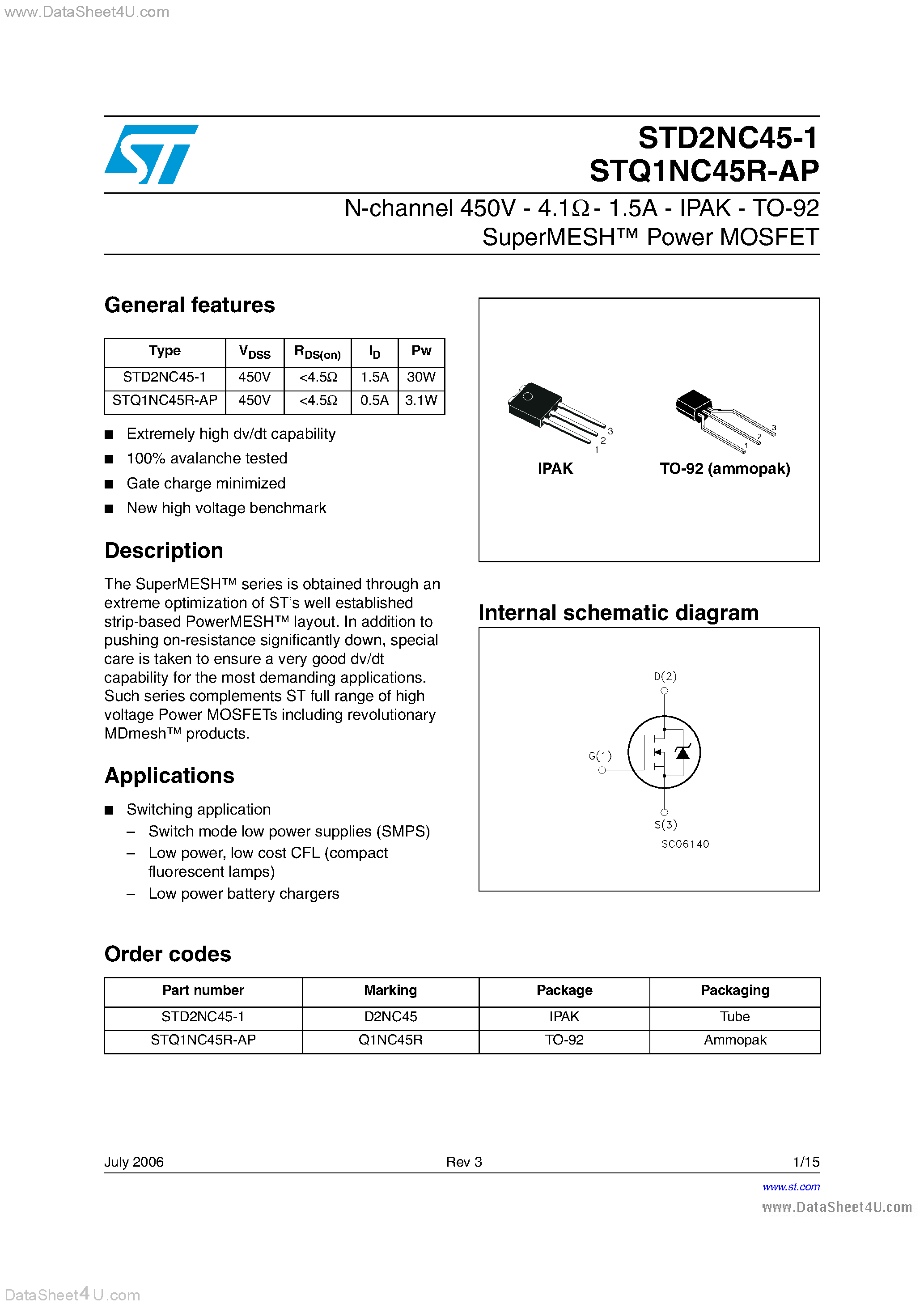 Даташит STQ1NC45R-AP - N-channel MOSFET страница 1