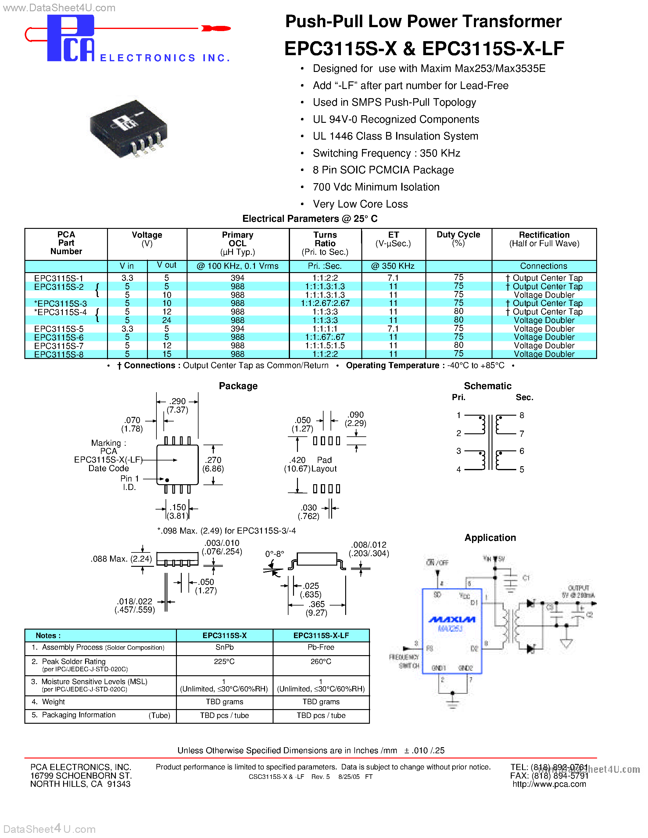 Datasheet EPC3115S-x - (EPC3115S-x / EPC3115S-x-LF) Push-Pull Low Power Transformer page 1