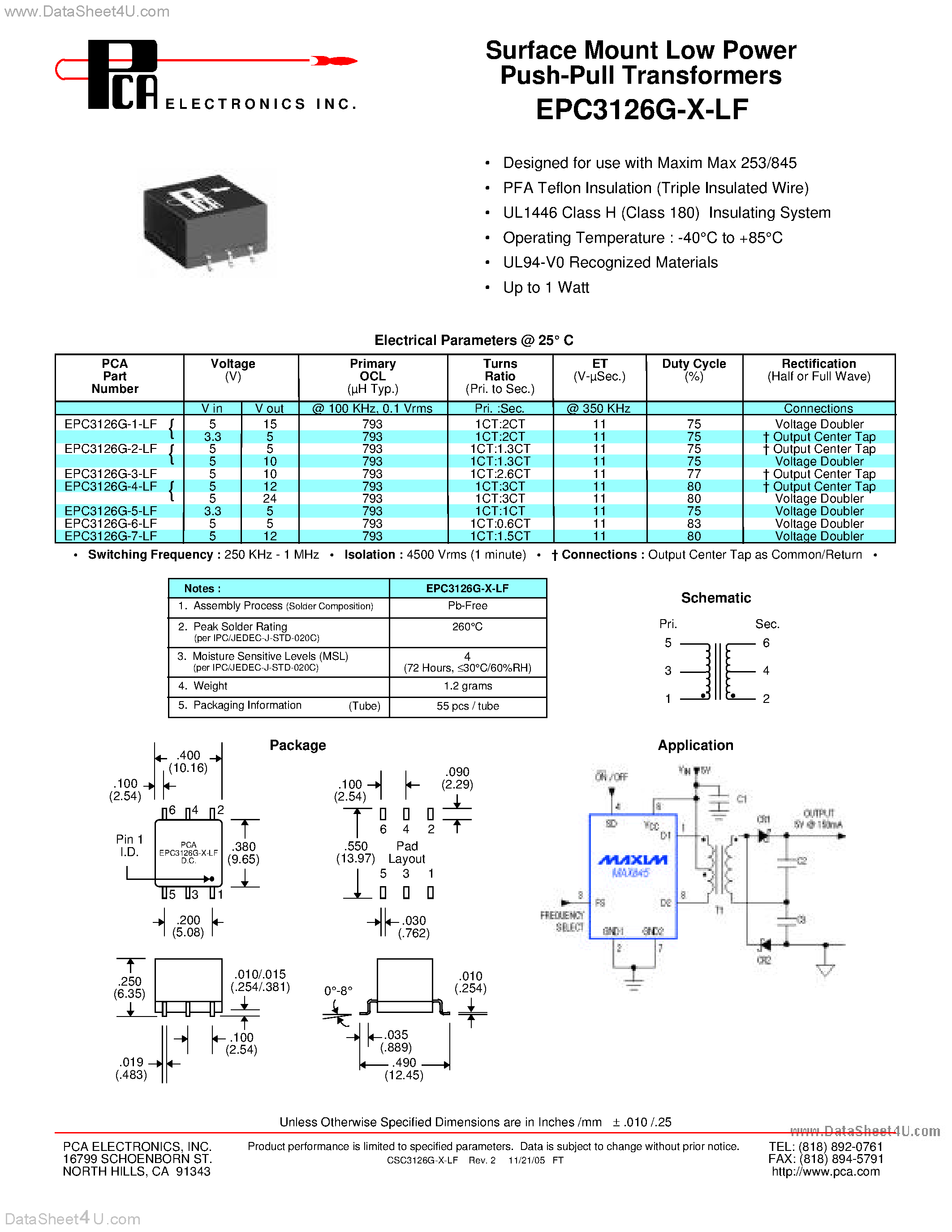 Datasheet EPC3126G-x-LF - Surface Mount Low Power Push-Pull Transformers page 1