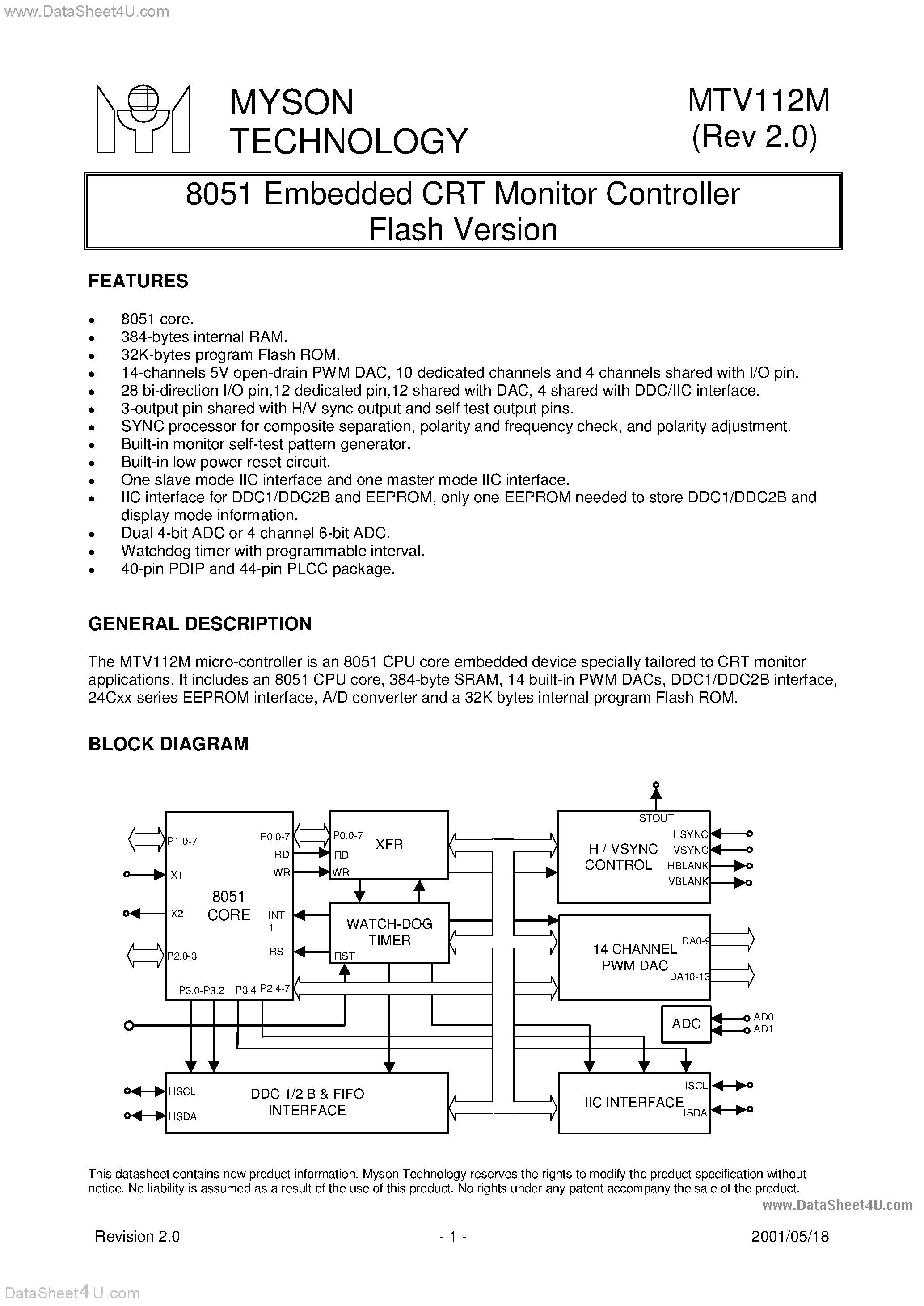Даташит MTV112M - 8051 Embedded CRT Monitor Controller Flash Version страница 1