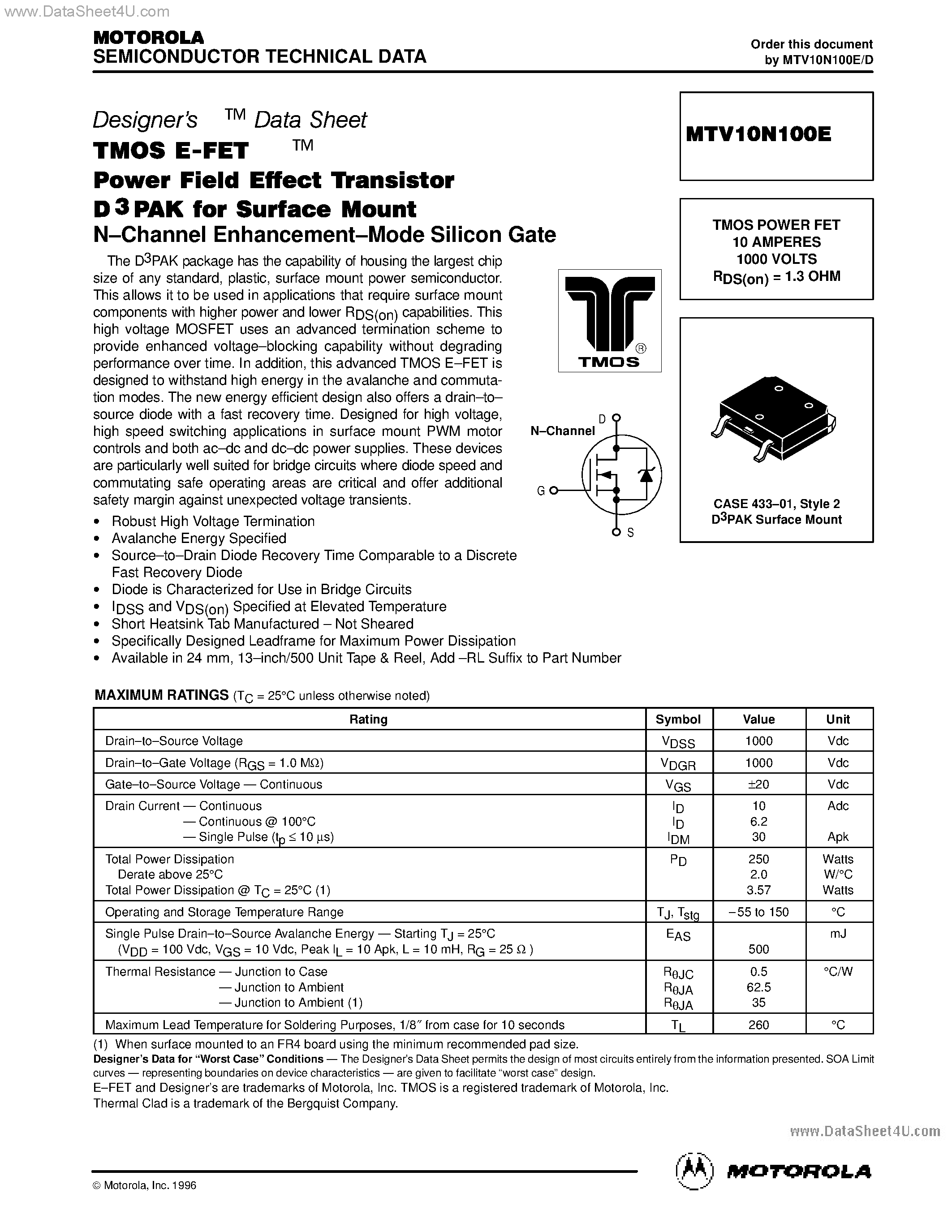 Datasheet MTV10N100E - TMOS POWER FET 10 AMPERES 1000 VOLTS page 1