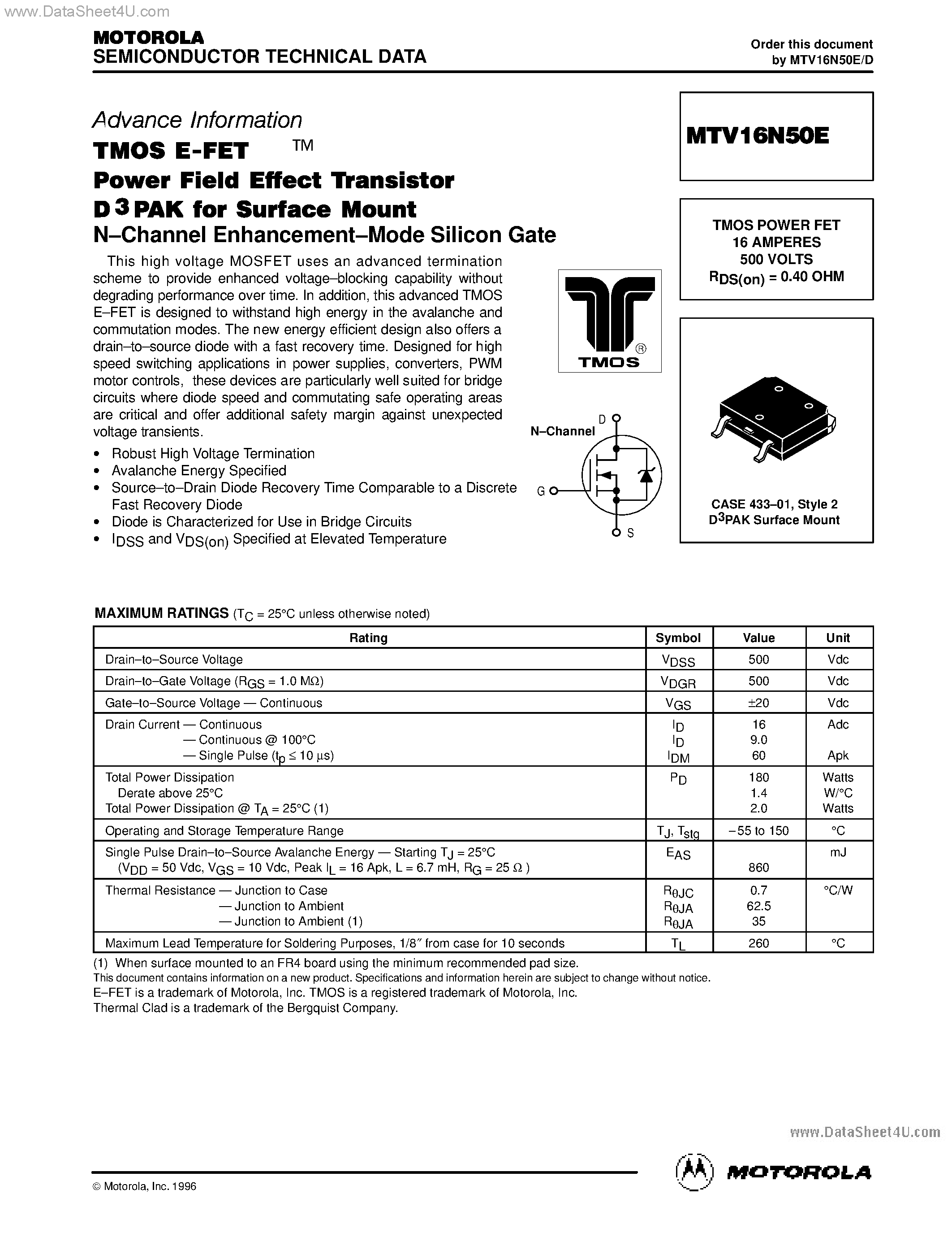 Datasheet MTV16N50E - TMOS POWER FET 16 AMPERES 500 VOLTS page 1
