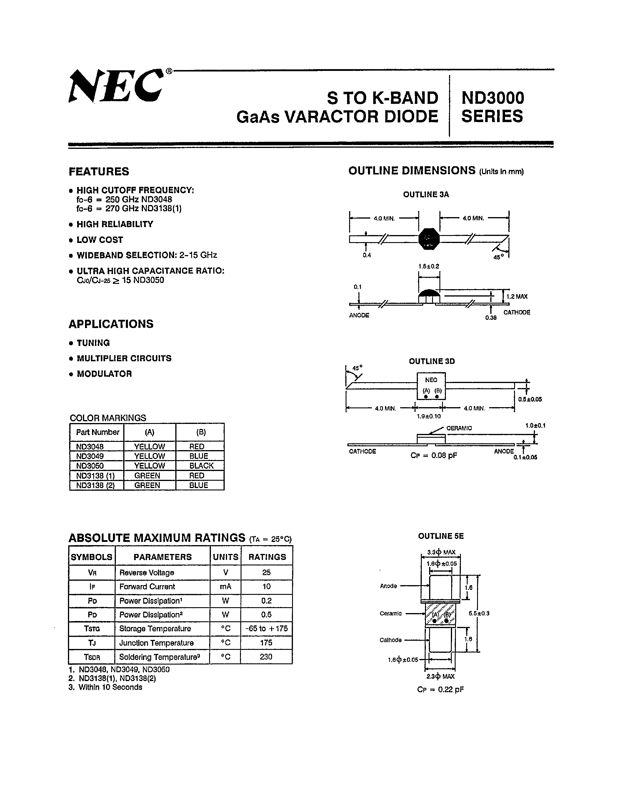 Datasheet ND3000 - S TO K-BAND GaAs VARACTOR DIODE page 1