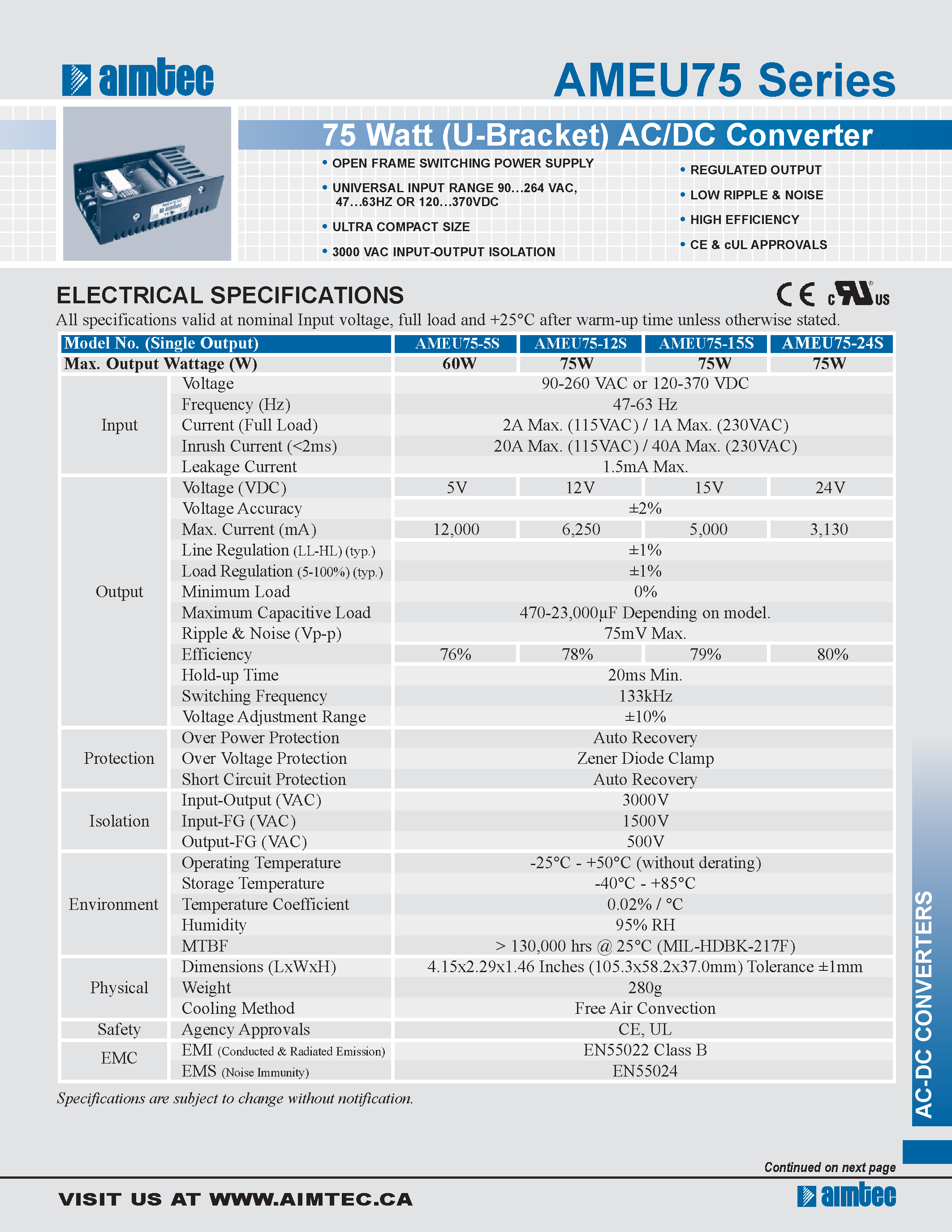 Datasheet AMEU75 - 75 Watt (U-Bracket) AC/DC Converter page 1