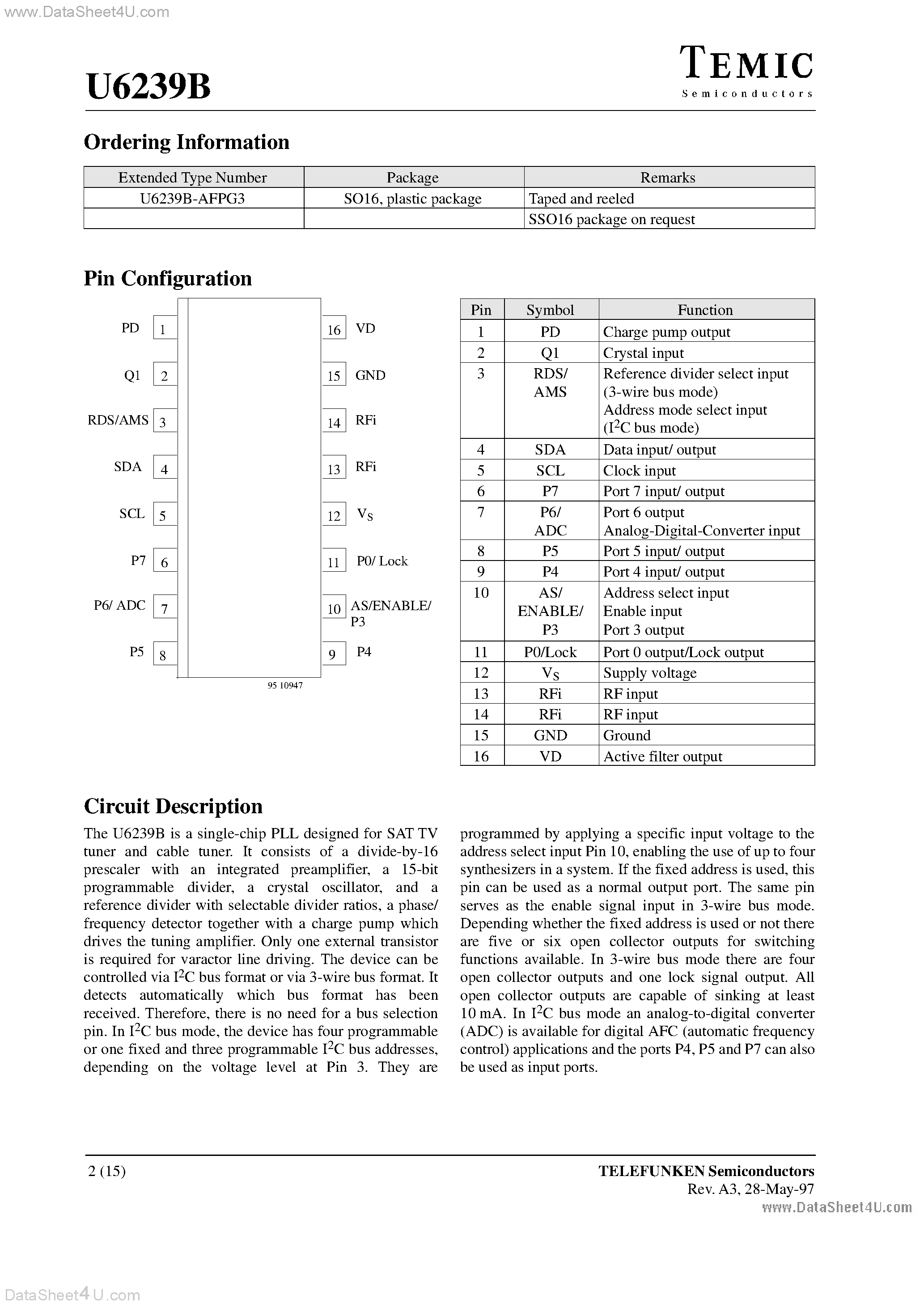 Datasheet U6239B - 2.9 GHz PLL page 2