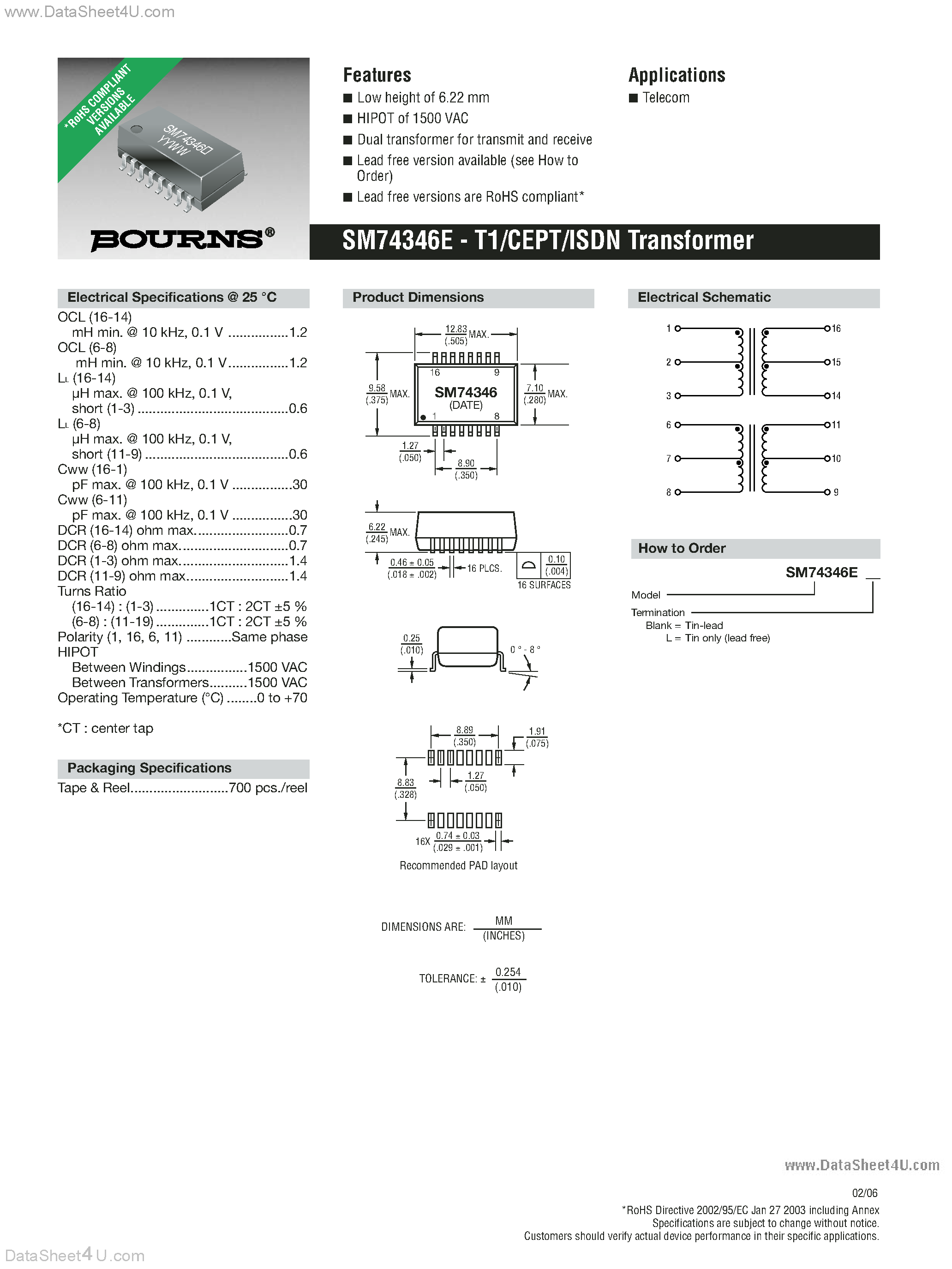 Datasheet SM74346E - T1/CEPT/ISDN Transformer page 1